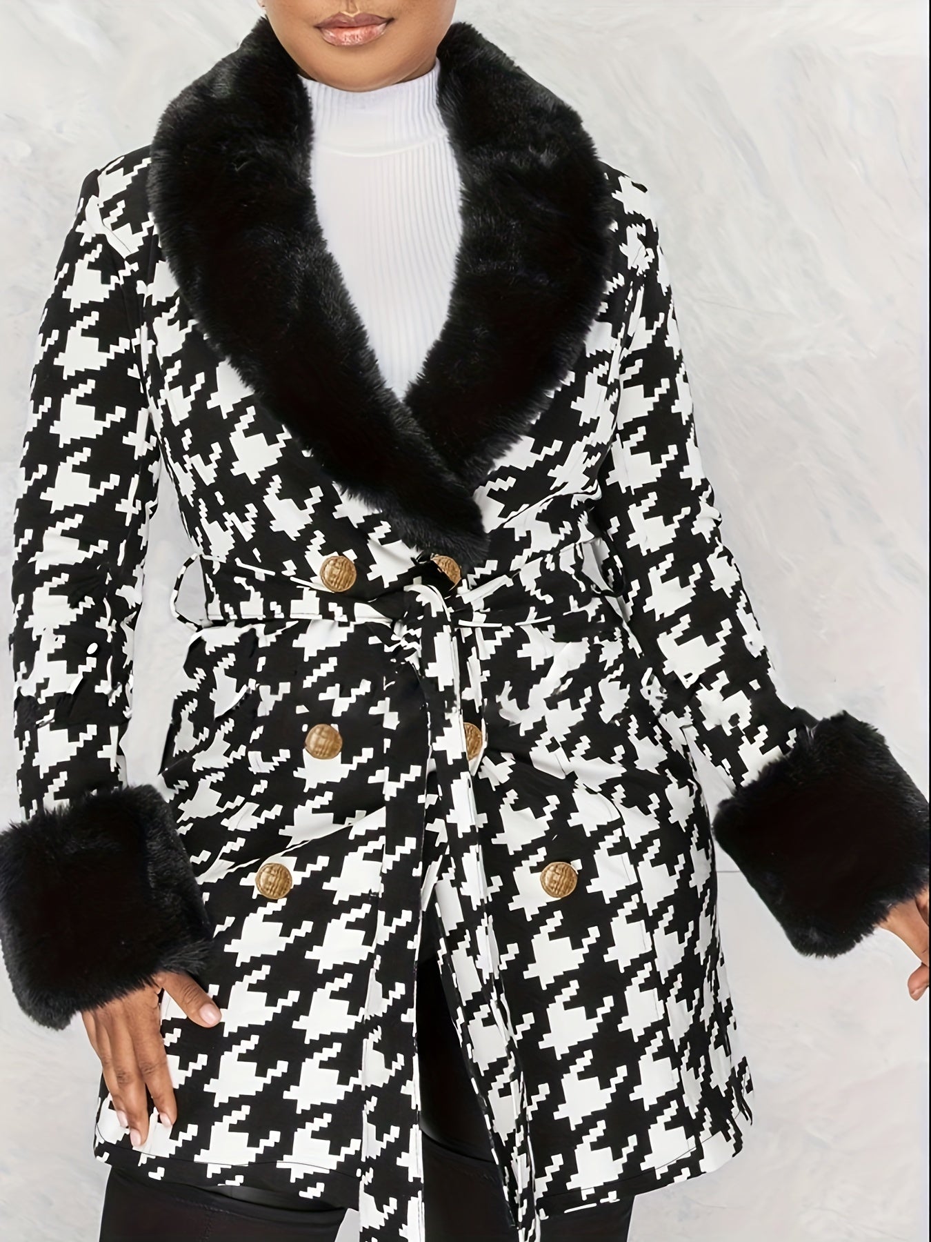 Sixsr Houndstooth Faux-Fur Trim Outwear, Elegant Double Breasted Long Sleeve Belted Coat For Winter, Women's Clothing