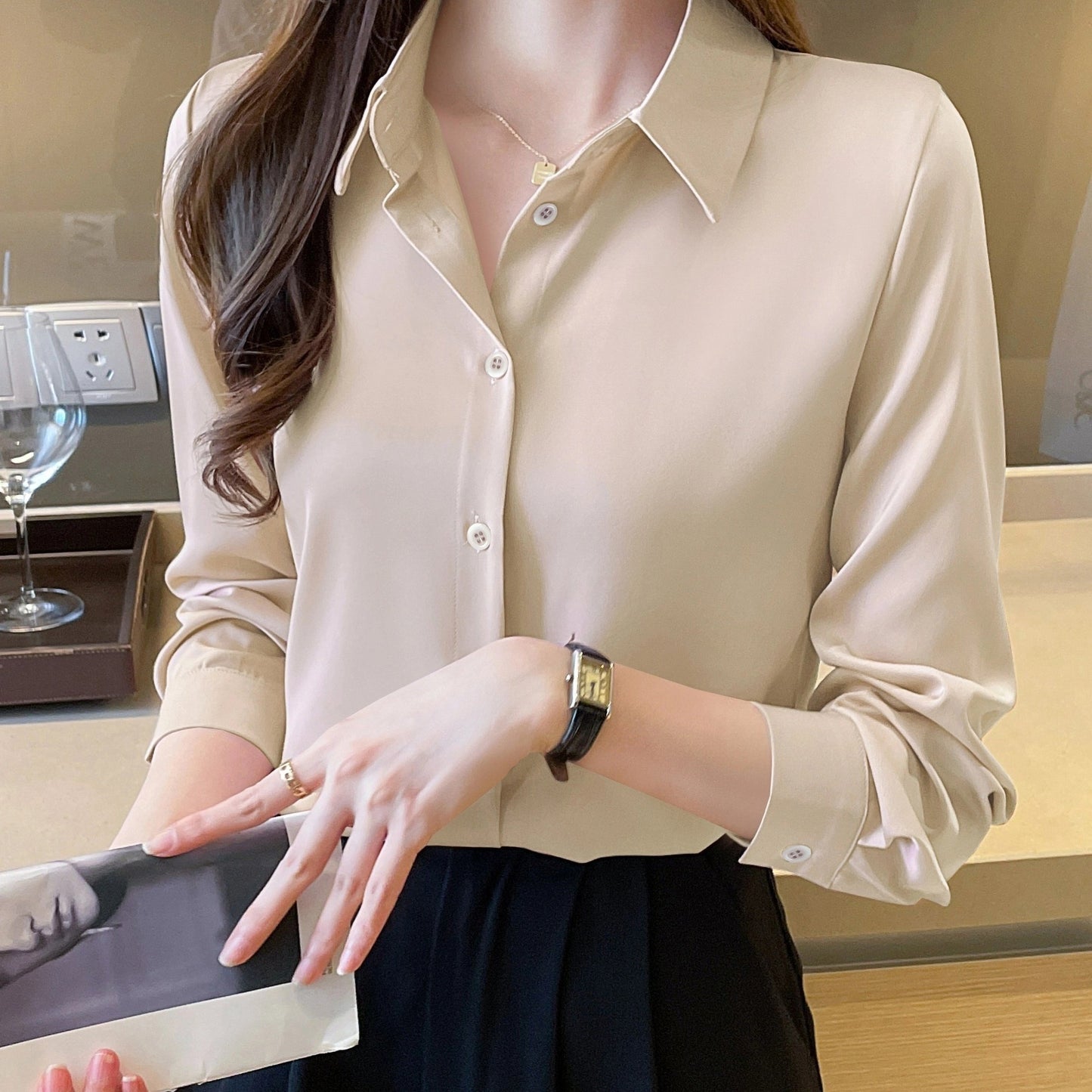 Sixsr Solid Button Front Shirt, Casual Long Sleeve Collar Work Office Shirt, Women's Clothing