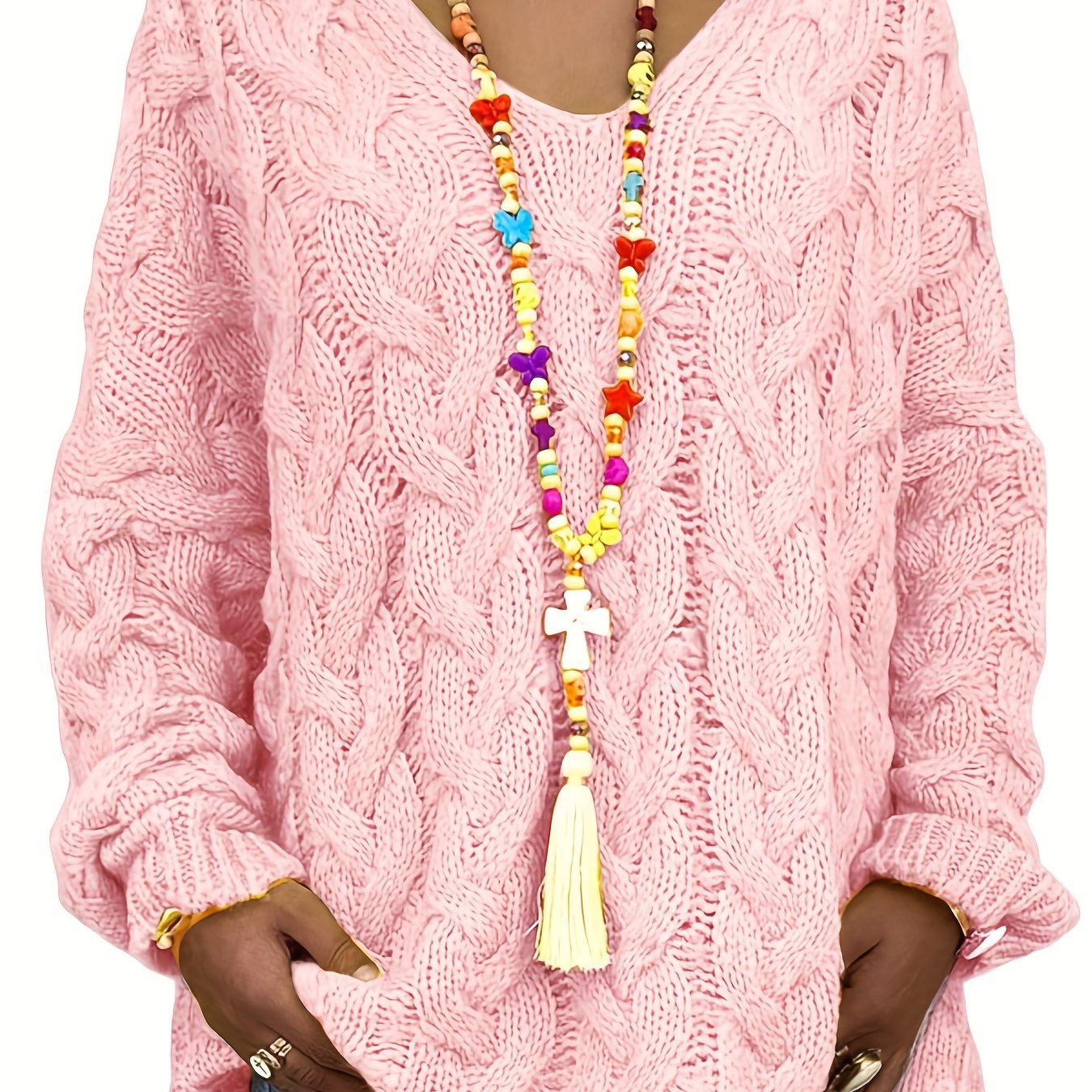 Sixsr Plus Size Casual Sweater, Women's Plus Solid Hooded Long Sleeve V Neck Knitted Pullover Jumper Top