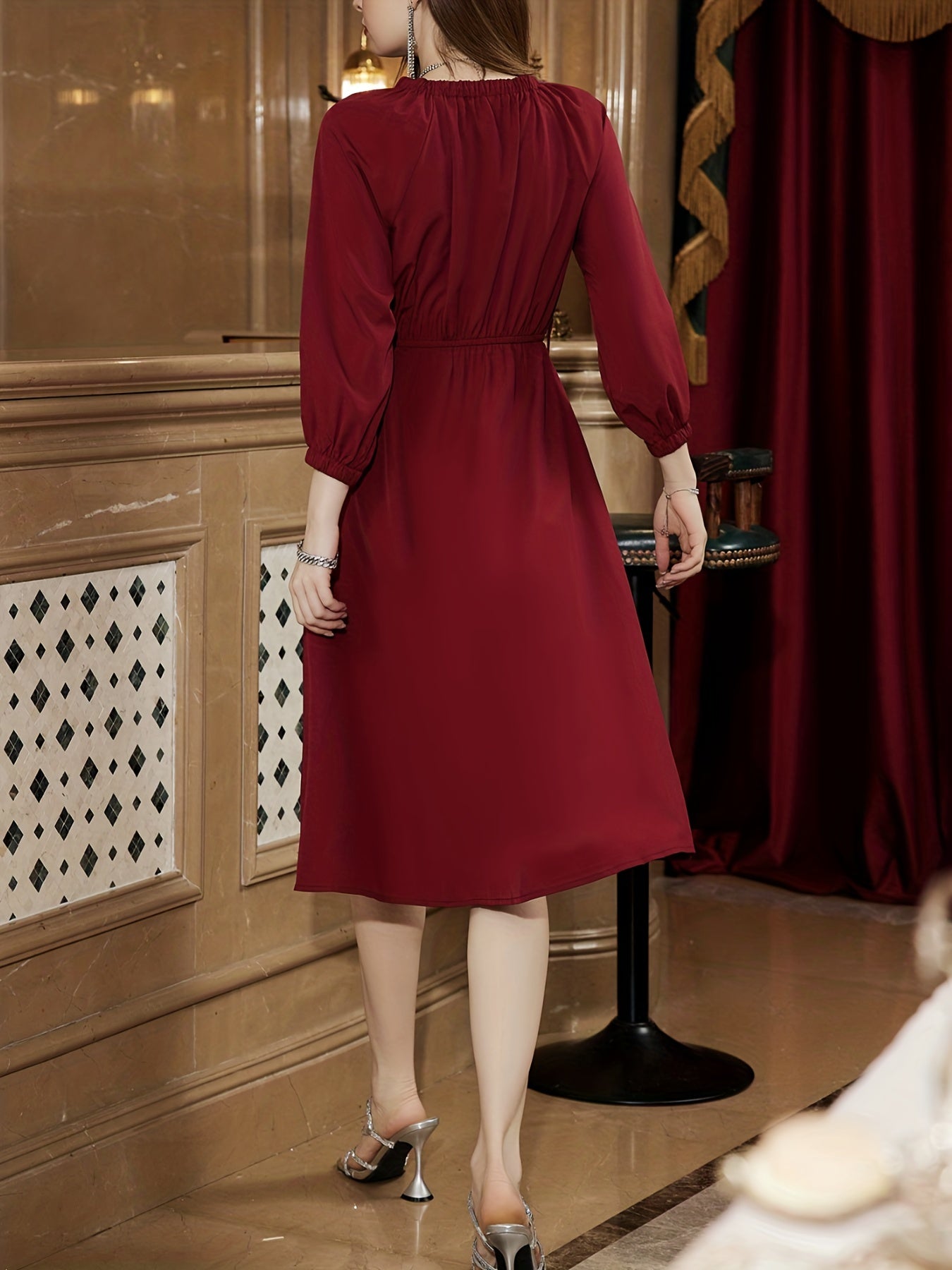 Sixsr Solid Ruched Dress, Elegant Slim Waist Simple Midi Dress, Women's Clothing