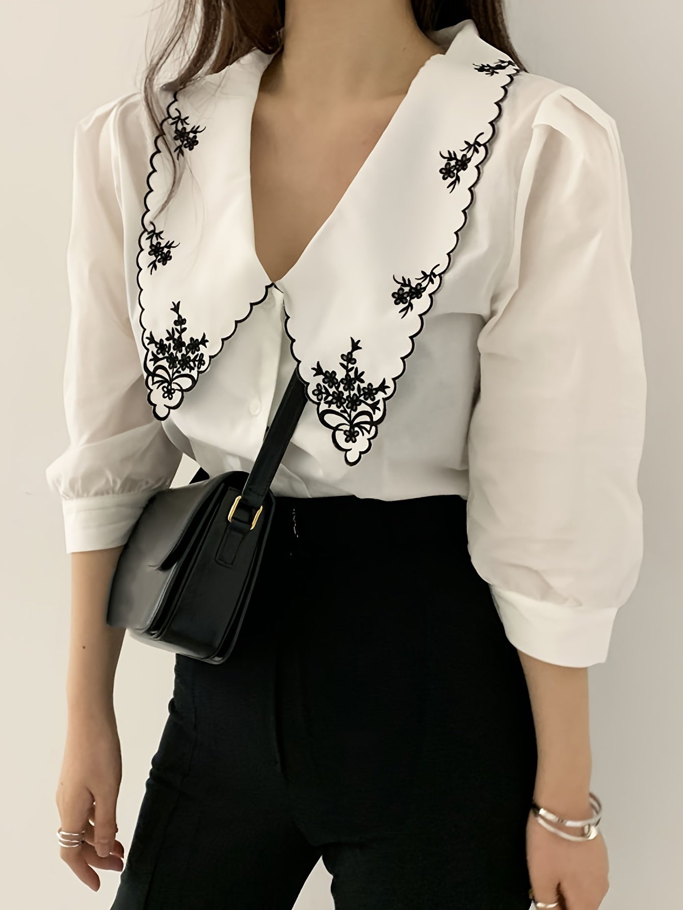 Sixsr Embroidered Peter Pan Collar Blouse, Vintage Half Sleeve Blouse For Spring & Summer, Women's Clothing