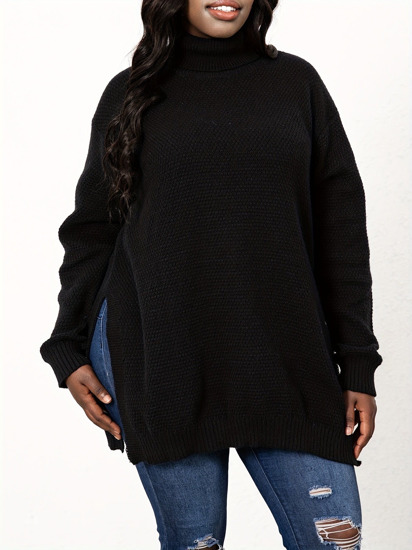 Sixsr Plus Size Turtle Neck Knit Side Slit Sweater, Women's Plus Solid High Stretch Elegant Sweater