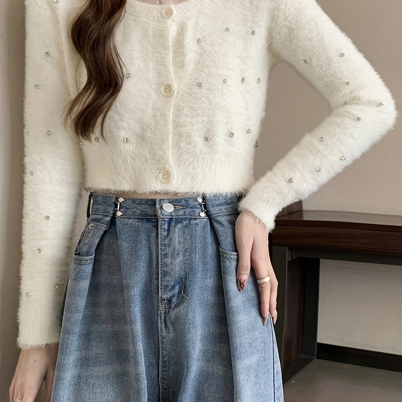 Sixsr Rhinestone Button Down Plush Cardigan, Casual Crew Neck Long Sleeve Crop Sweater, Women's Clothing