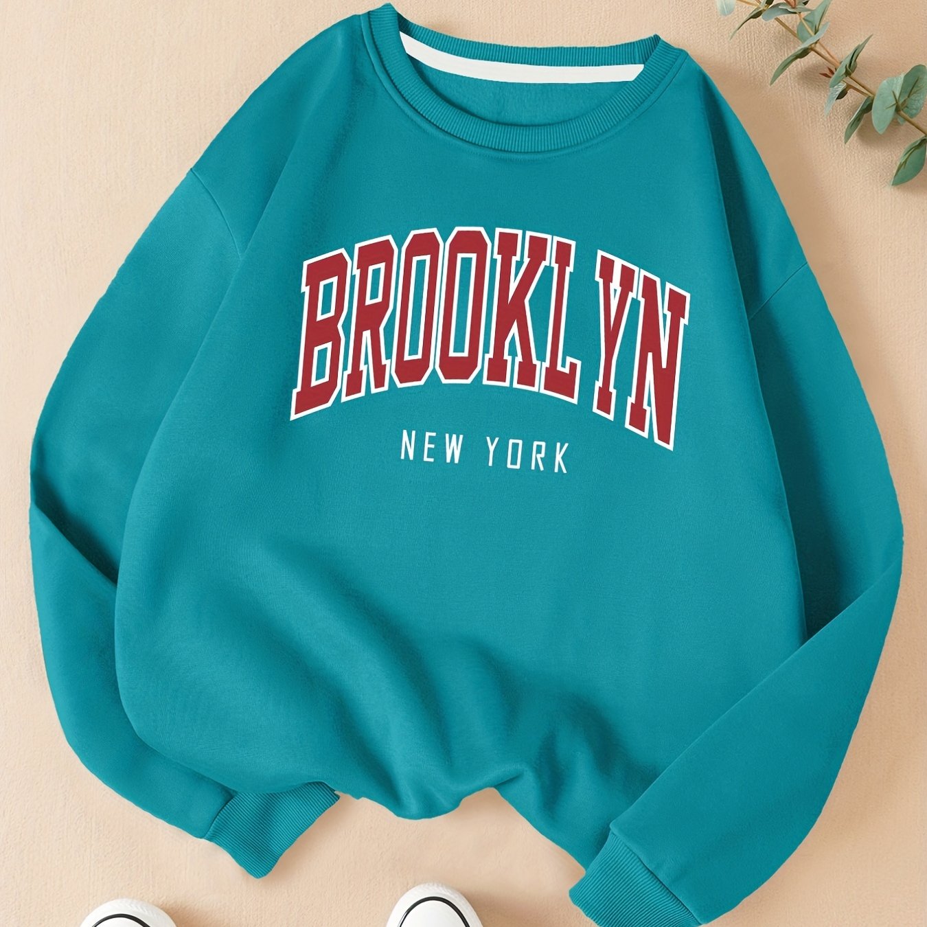 Sixsr Brooklyn Print Solid Pullover, Crew Neck Long Sleeve Casual Sweatshirt, Women's Clothing