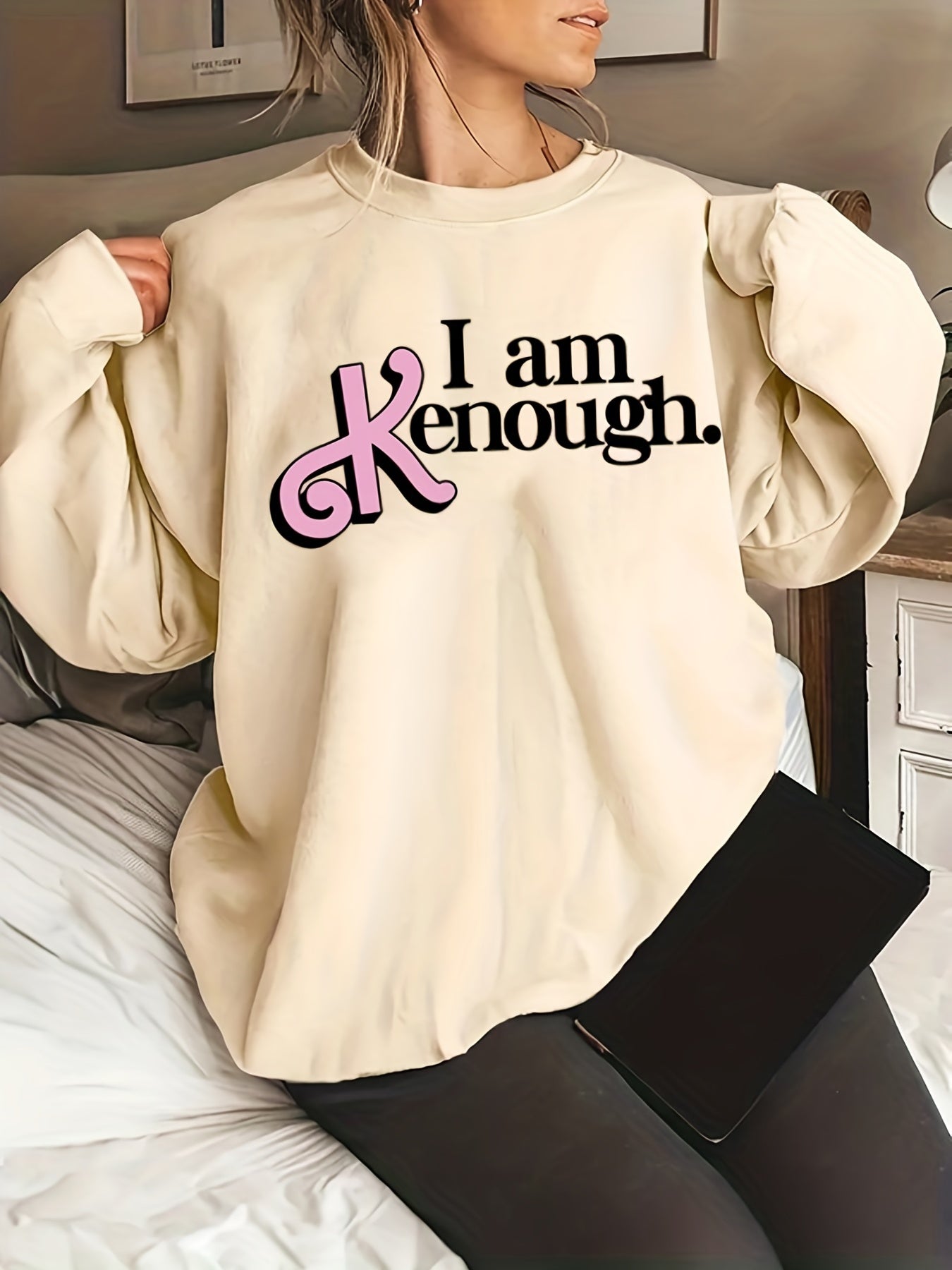 Sixsr Plus Size Halloween Casual Sweatshirt, Women's Plus Slogan Print Long Sleeve Round Neck Sweatshirt