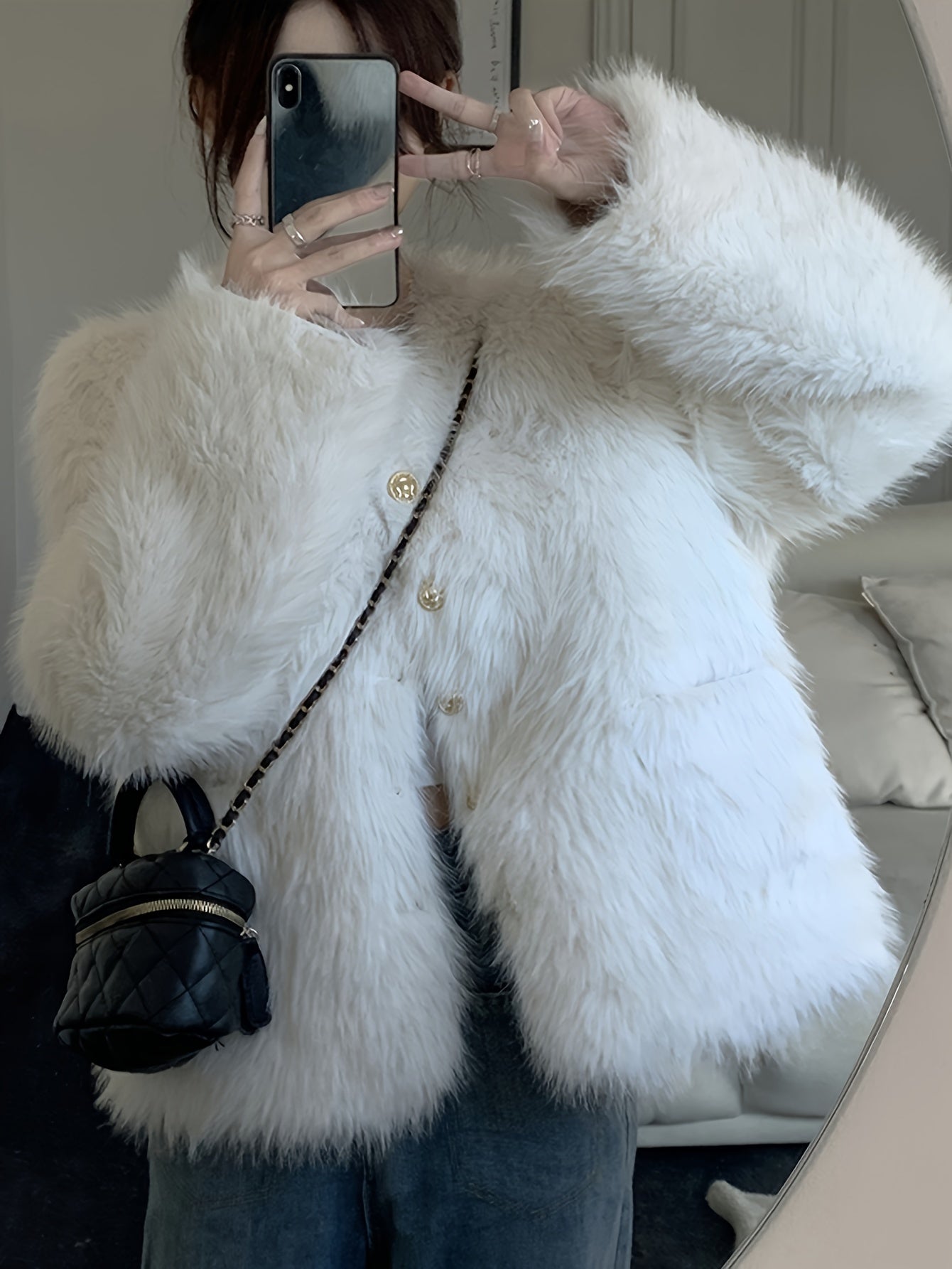Sixsr Fluffy Solid Warm Coat, Casual Button Front Long Sleeve Outerwear, Women's Clothing