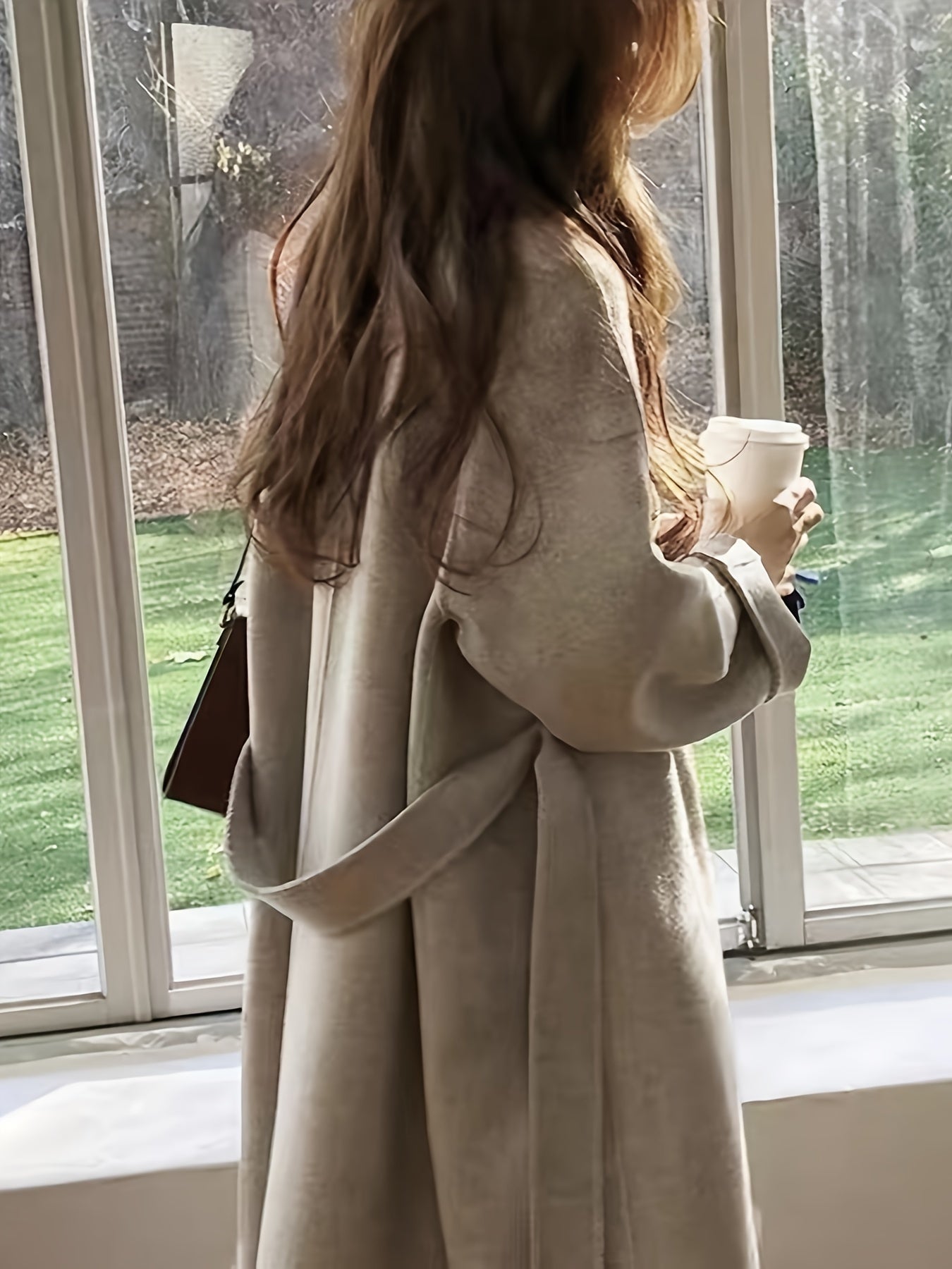 Sixsr Solid Double Breasted Belted Overcoat, Elegant Lapel Long Sleeve Pockets Outwear For Fall & Winter, Women's Clothing