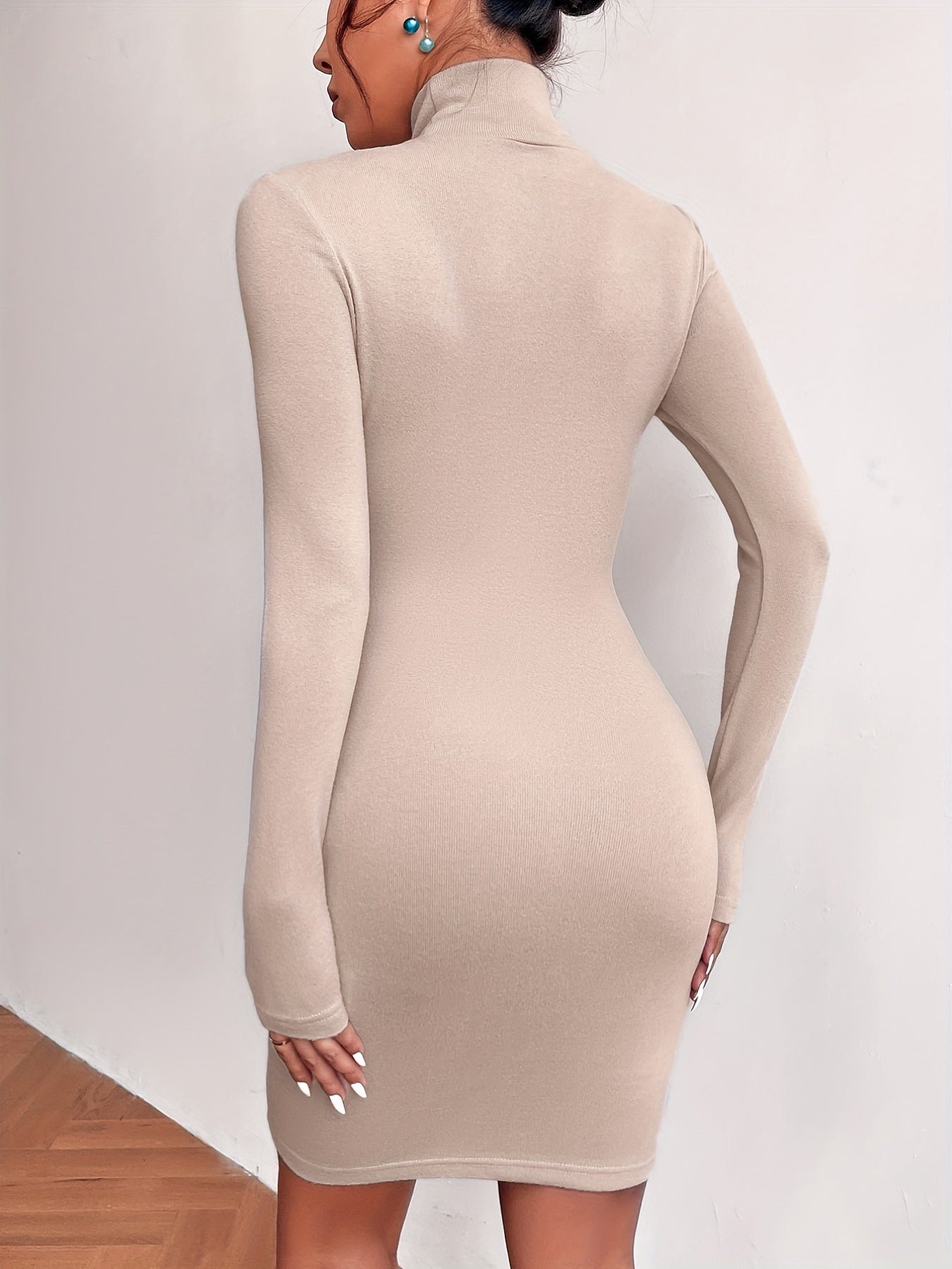 Sixsr Solid High Neck Dress, Elegant Bodycon Long Sleeve Dress, Women's Clothing