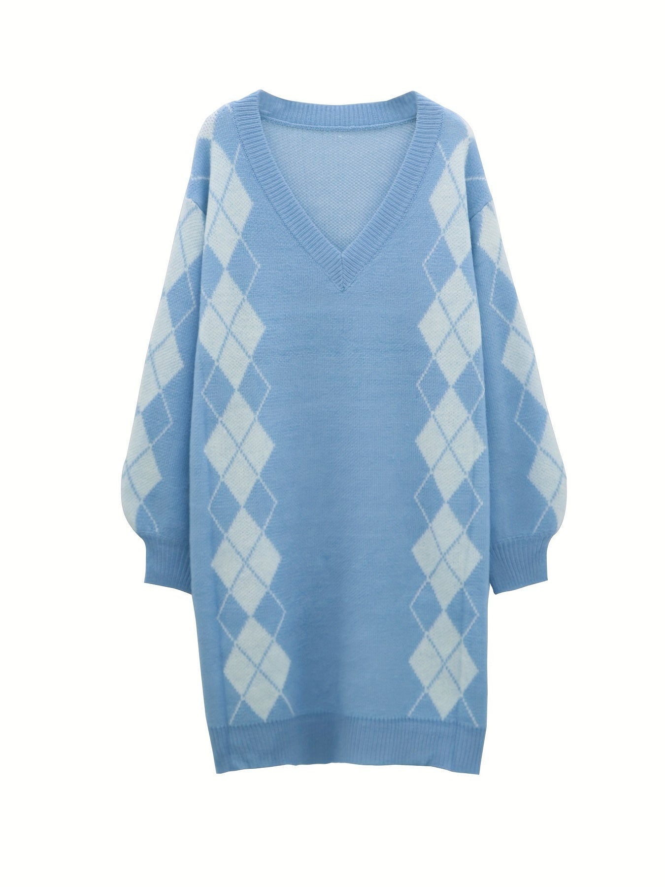 Sixsr Plus Size Casual Sweater Dress, Women's Plus Argyle Print Long Sleeve V Neck Sweater Dress