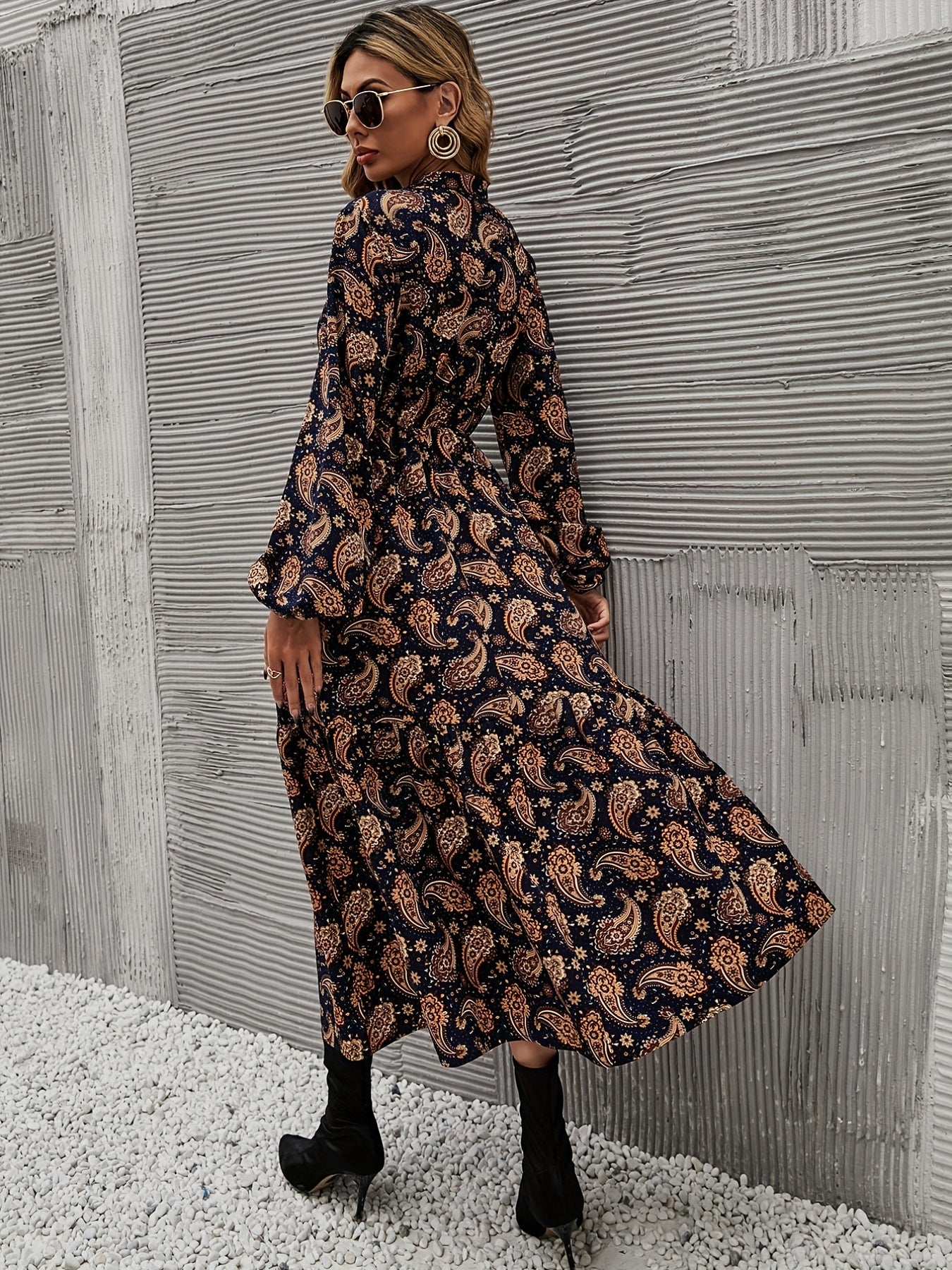 Sixsr Paisley Print Button Front Dress, Elegant Lantern Sleeve Dress For Spring & Fall, Women's Clothing