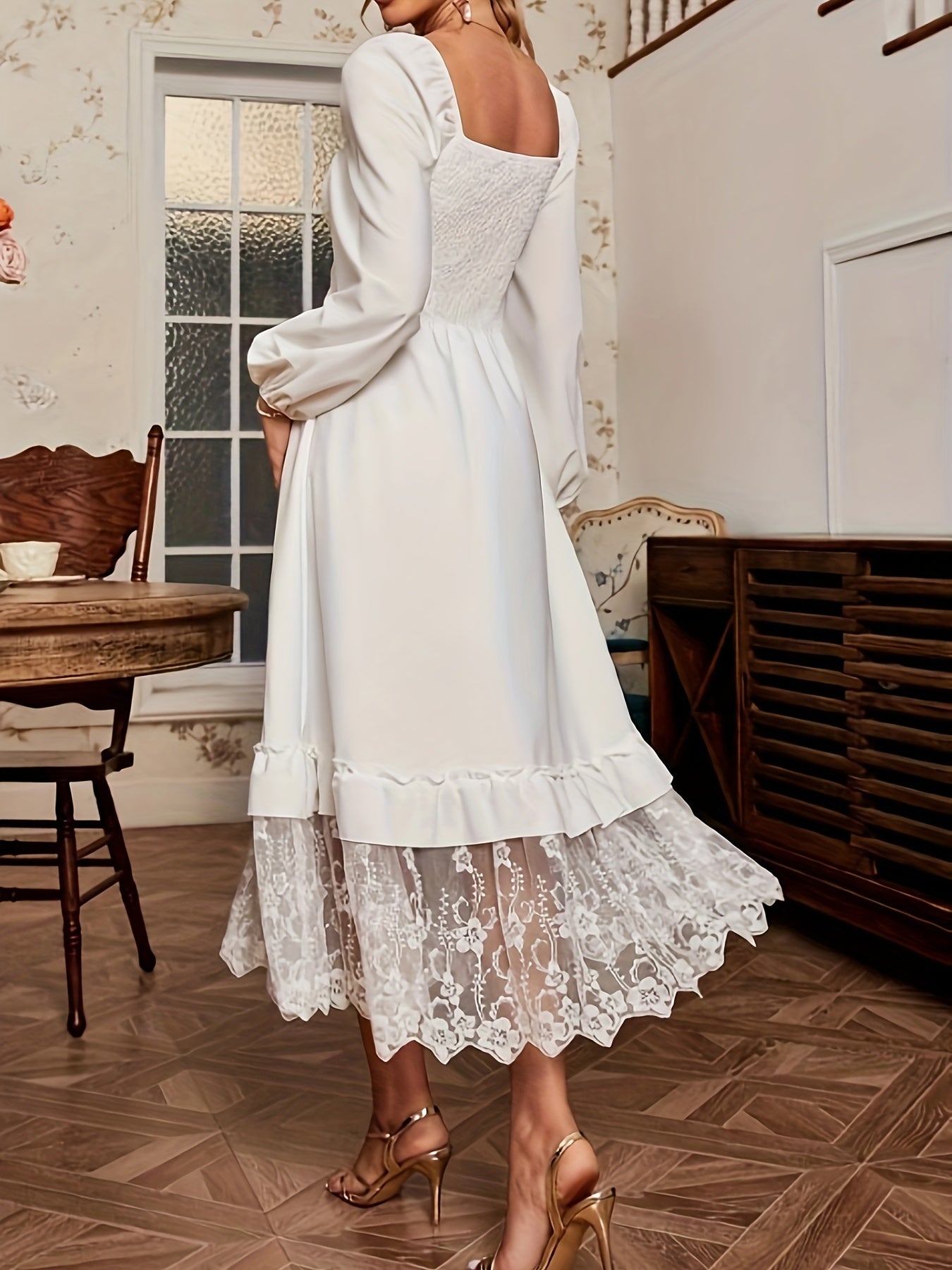 Sixsr Lace Trim Shirred Dress, Elegant Ruffle Square Neck Lantern Long Sleeve Dress For Spring & Fall, Women's Clothing