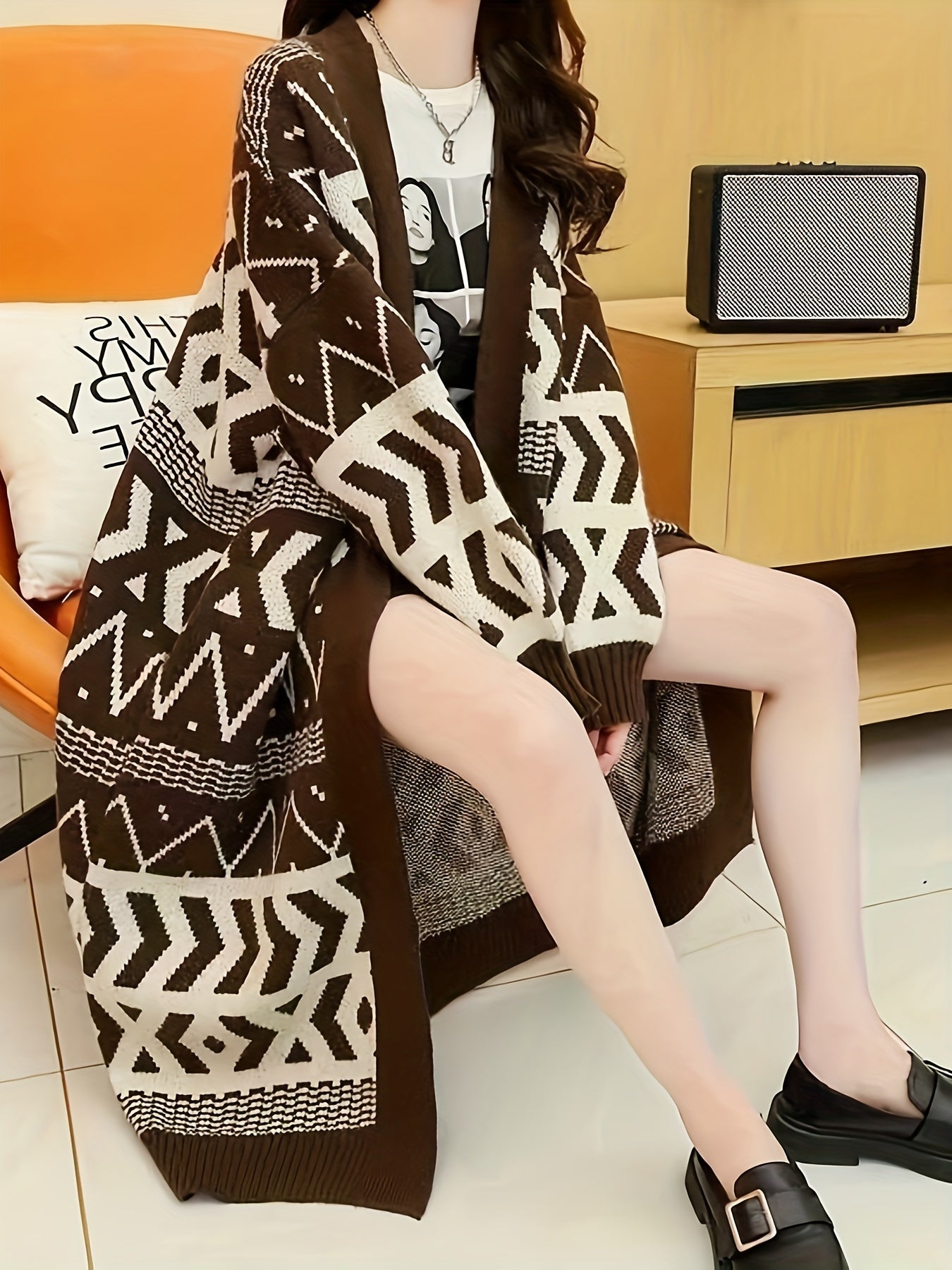 Sixsr Geo Pattern Open Front Knit Cardigan, Vintage Long Sleeve Mid Length Loose Sweater, Women's Clothing