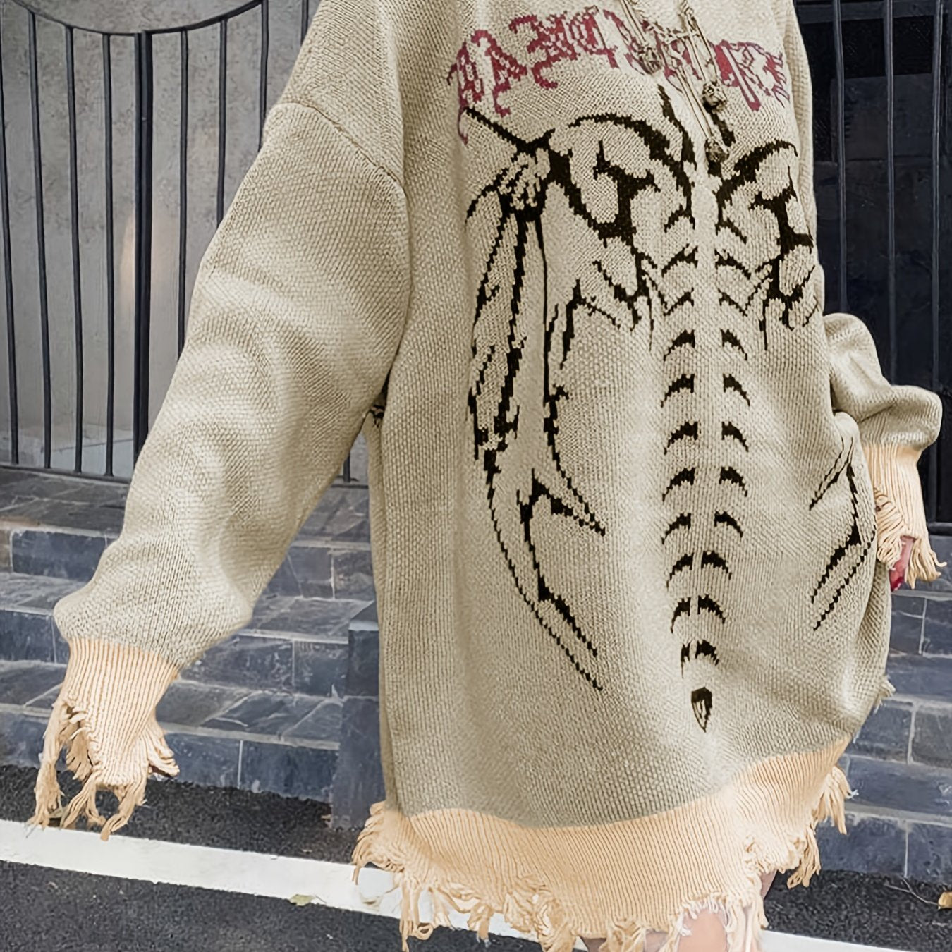 Sixsr Y2K Ripped Skeleton Pattern Dress, Crew Neck Long Sleeve Street Wear Dress, Women's Clothing