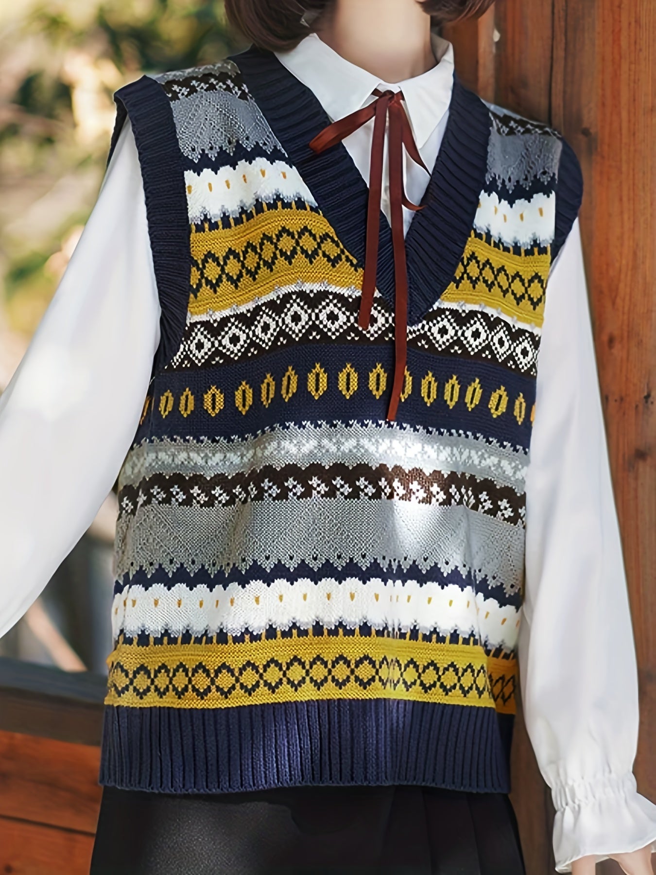 Sixsr Geo Pattern V-neck Sweater Vest, Vintage Sweater Vest For Fall & Winter, Women's Clothing