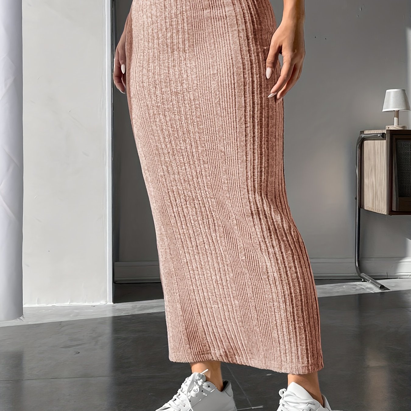 Sixsr Solid Ribbed High Waist Skirt, Casual Ankle Length Skirt For Spring & Fall, Women's Clothing