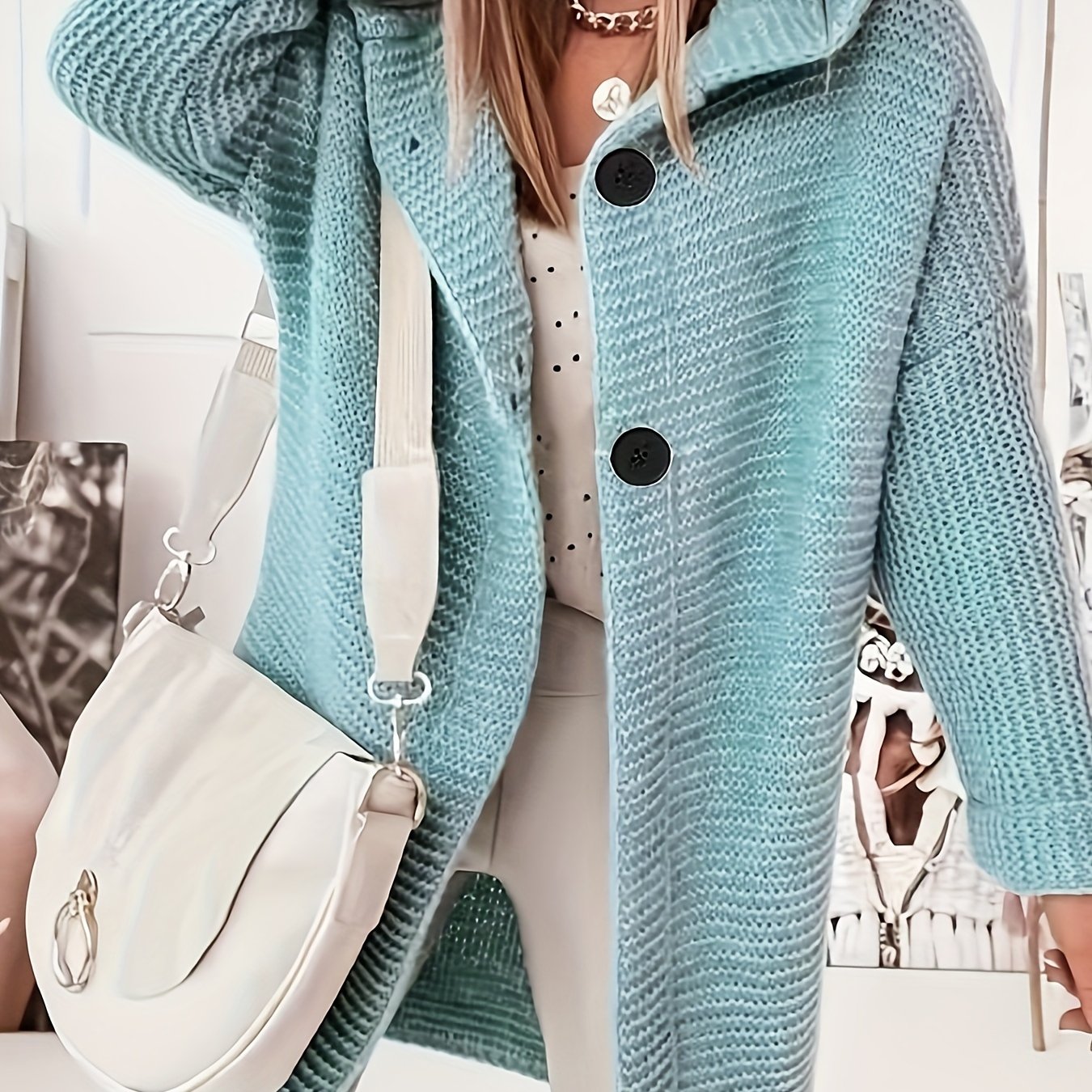 Sixsr Button Front Hooded Knit Cardigan, Casual Long Sleeve Simple Sweater, Women's Clothing