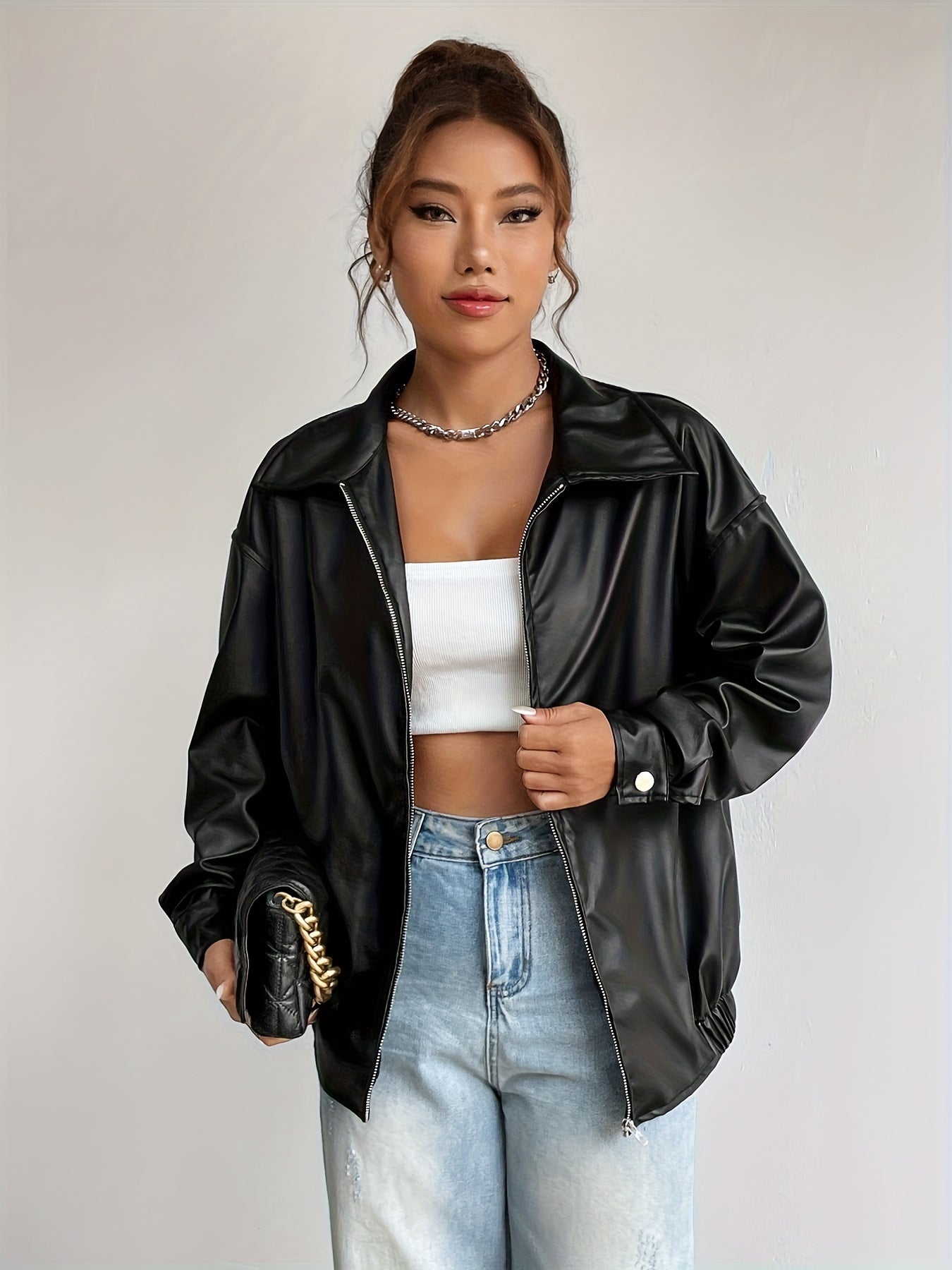 Sixsr Solid Zipper Front PU Leather Jacket, Casual Y2K Long Sleeve Jacket For Spring & Fall, Women's Clothing