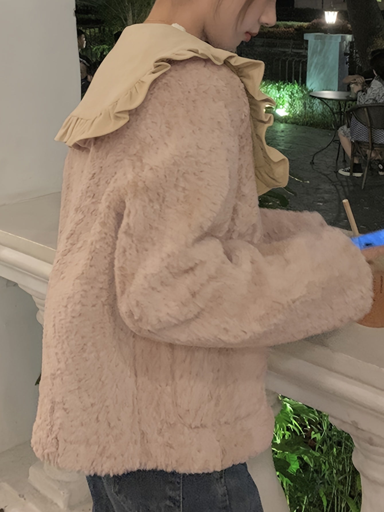 Sixsr Button Front Ruffle Trim Lapel Plush Coat, Long Sleeve Dual Pockets Outerwear For Fall & Winter, Women's Clothing