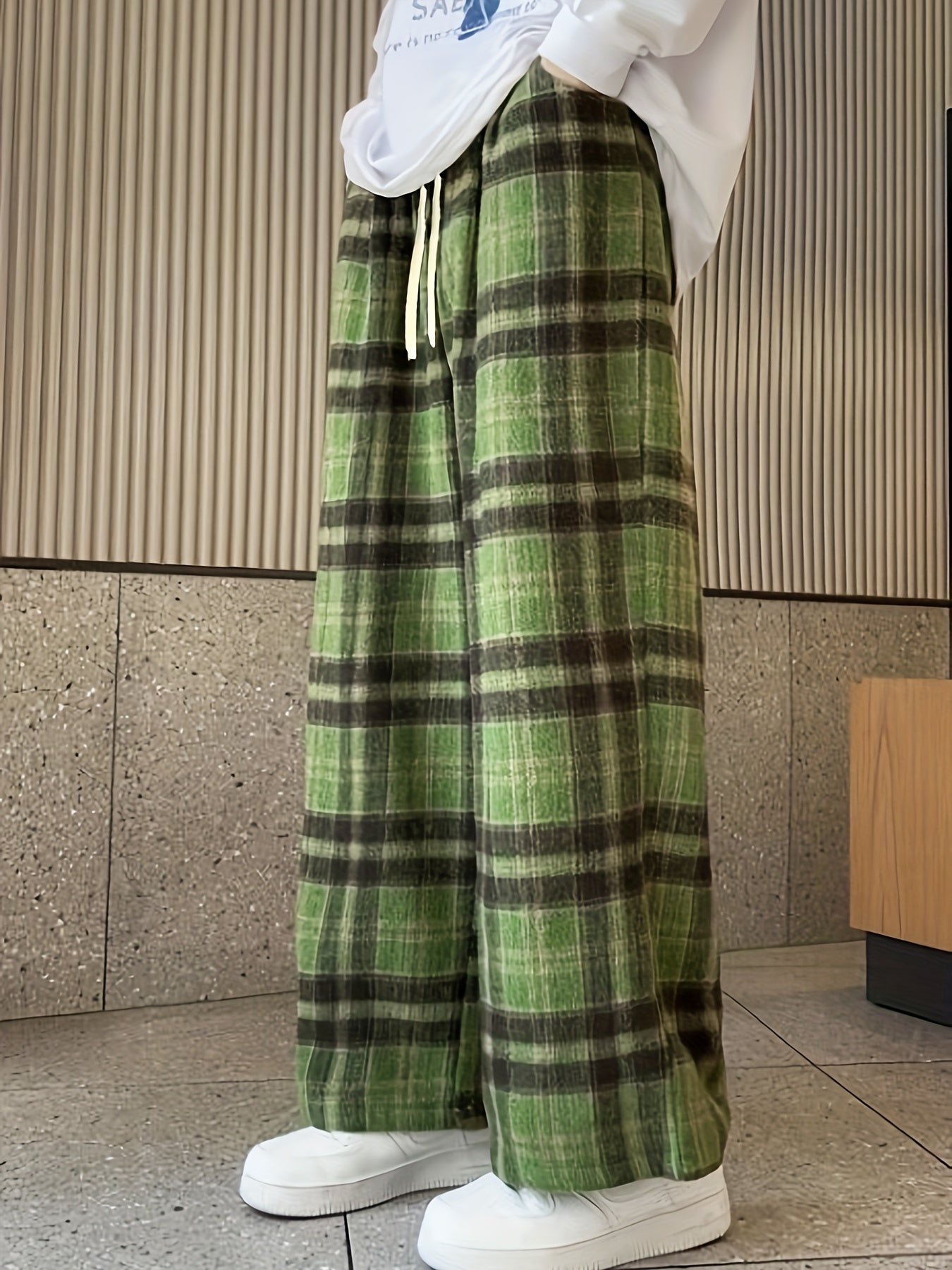 Sixsr Plaid Pattern Drawstring Pants, Vintage Wide Leg Pants For Spring & Fall, Women's Clothing