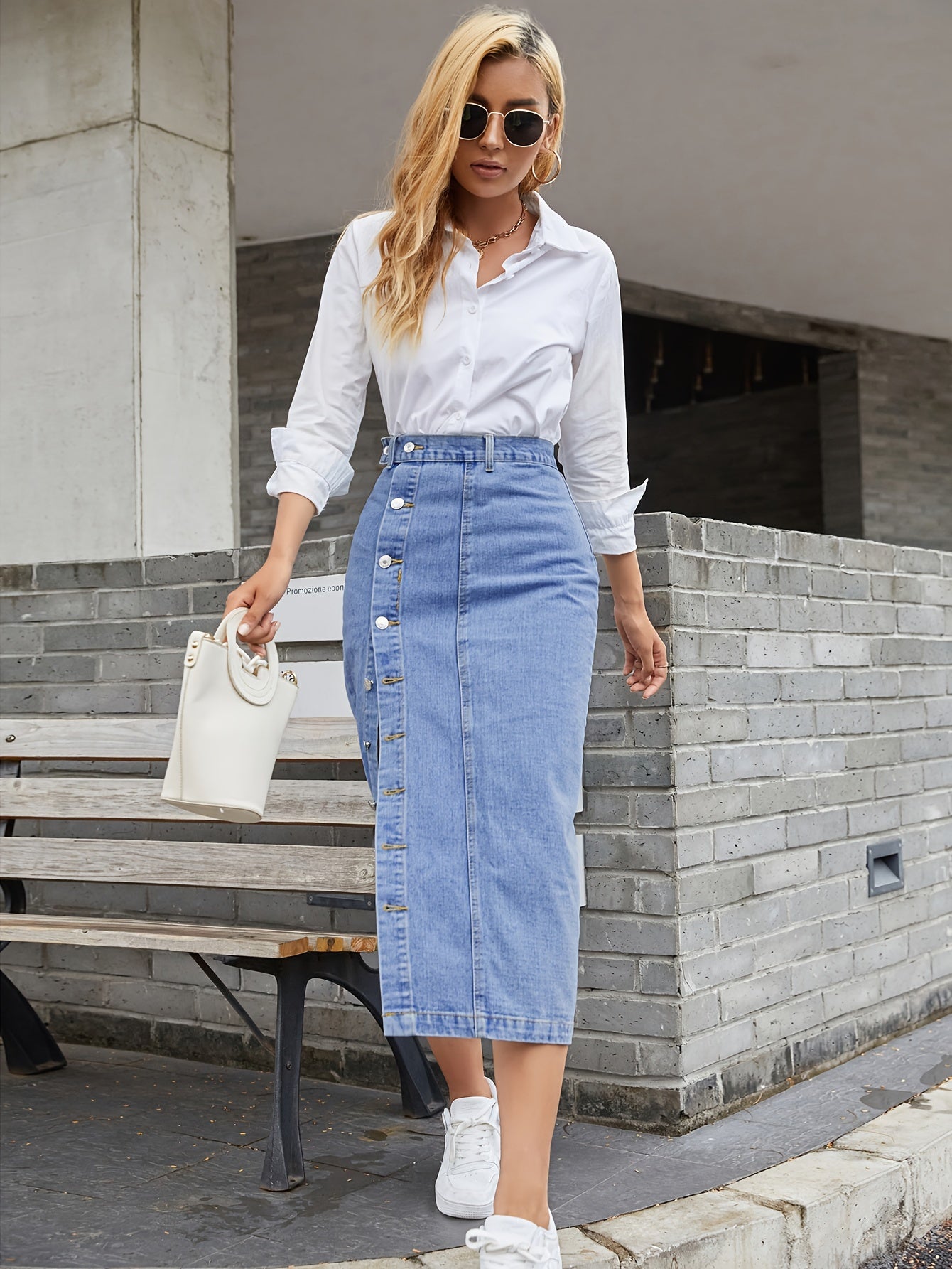 Sixsr Side Single-breasted Button Split Denim Skirts, High Waist Patchwork Versatile Denim Skirts, Women's Denim Clothing