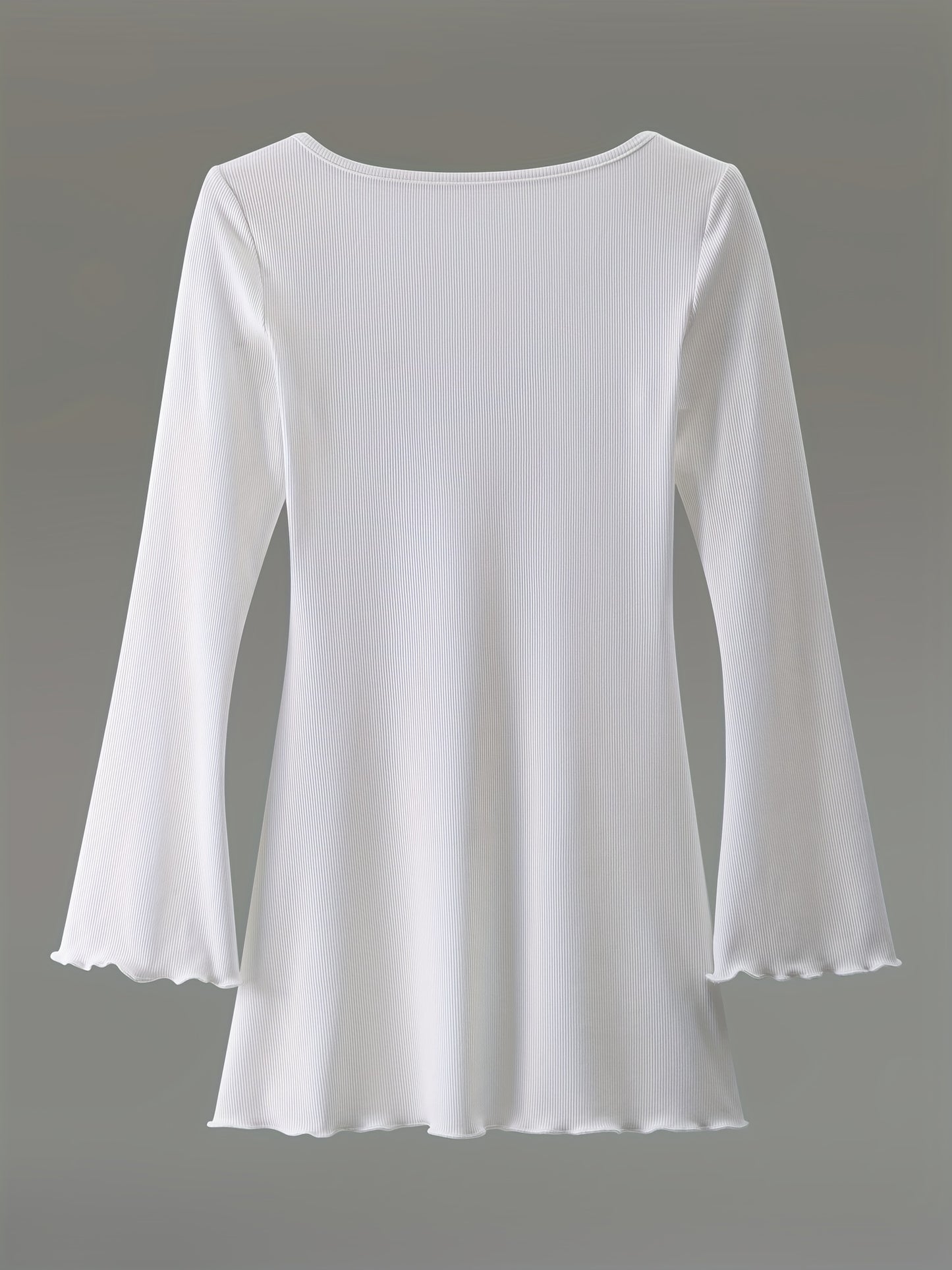 Sixsr Lettuce Trim Solid Dress, Elegant Crew Neck Long Sleeve Dress, Women's Clothing