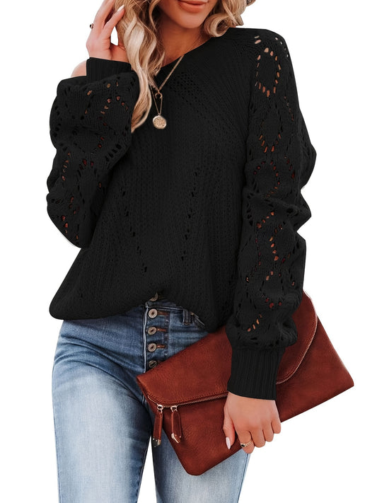 Sixsr Plus Size Casual Sweater, Women's Plus Solid Eyelet Embroidered Lantern Sleeve Round Neck Slight Stretch Sweater