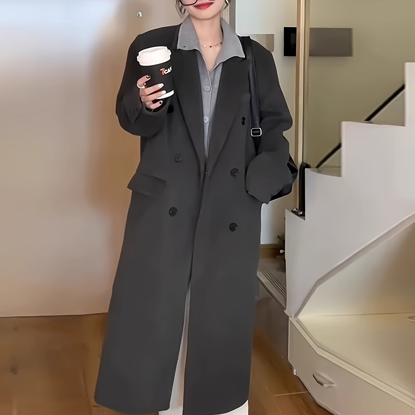 Sixsr Notched Collar Double-breasted Coat, Casual Long Sleeve Midi Overcoat For Fall & Winter, Women's Clothing