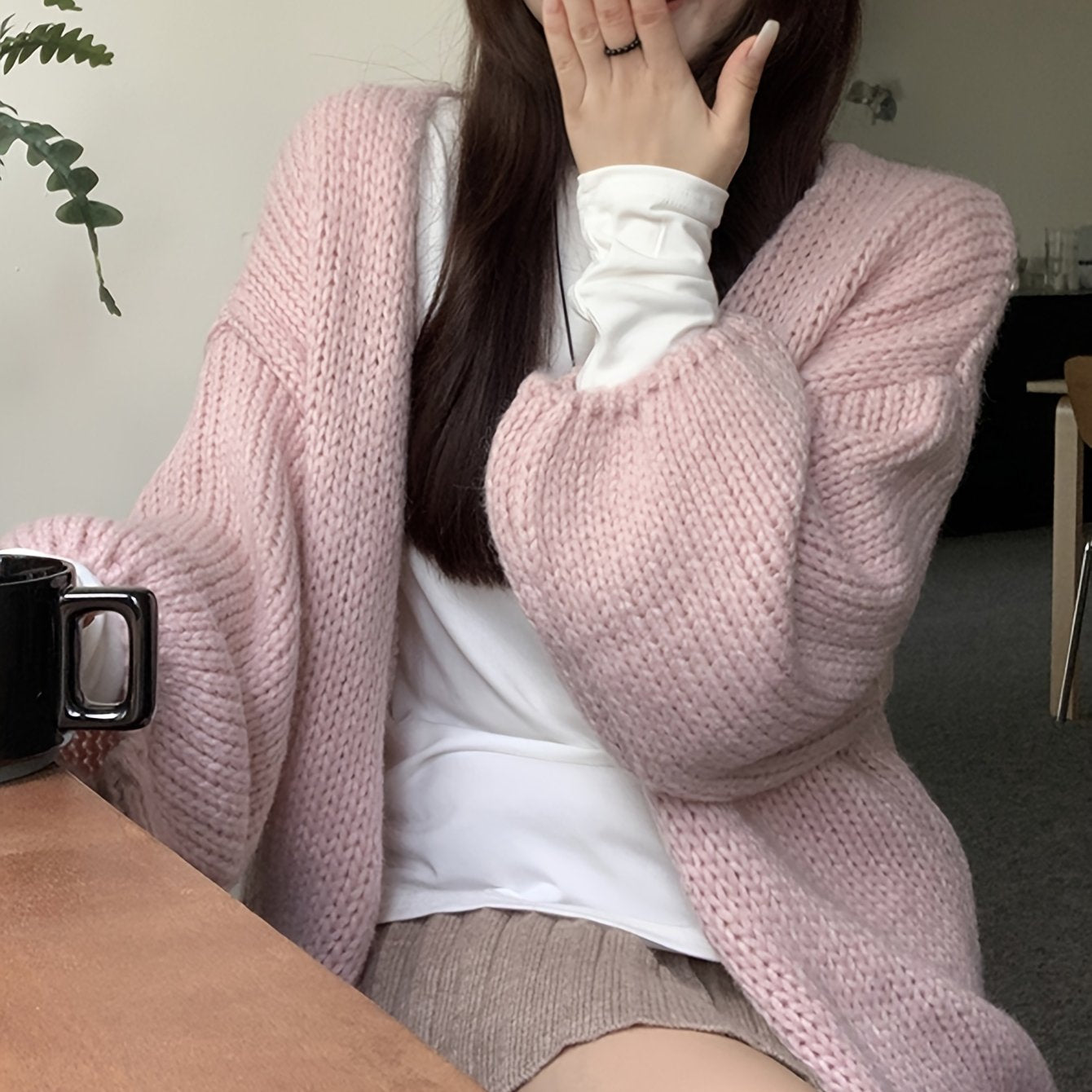 Sixsr Solid Open Front Knit Cardigan, Casual Lantern Sleeve Loose Slouchy Sweater, Women's Clothing