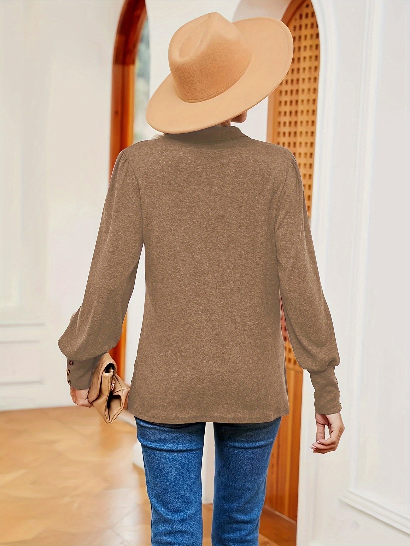 Sixsr Solid Polo Collar T-Shirt, Casual Long Sleeve Top For Spring & Fall, Women's Clothing