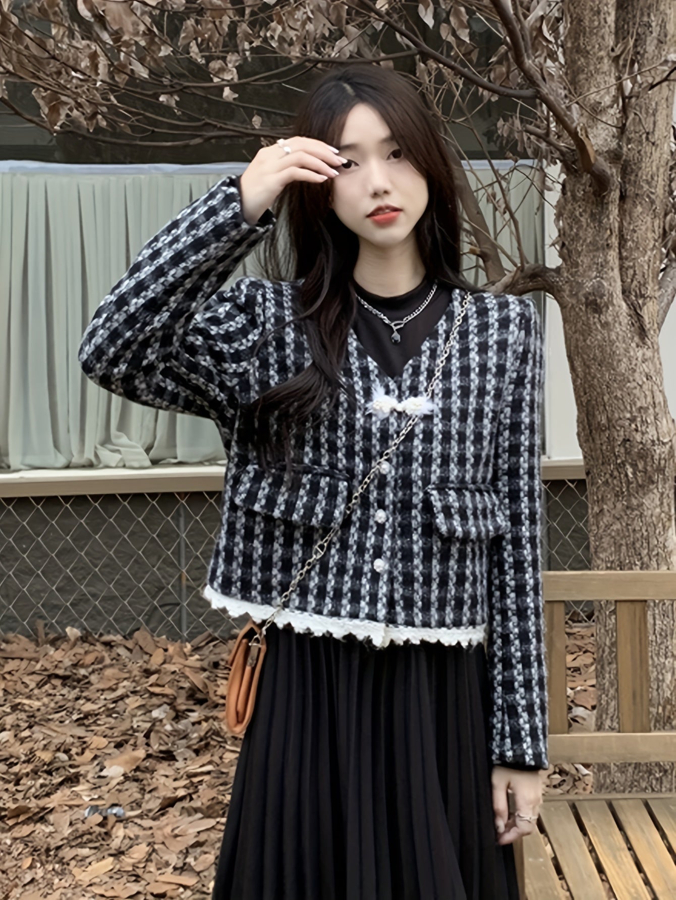 Sixsr Plaid Pattern V Neck Jacket, Casual Button Front Long Sleeve Outerwear, Women's Clothing
