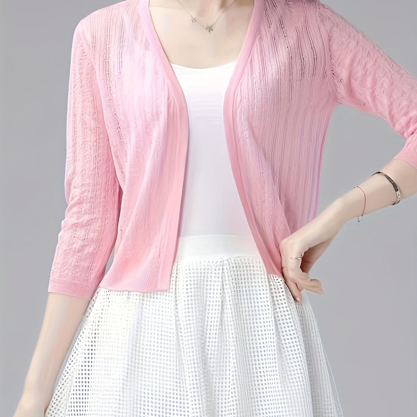Sixsr Solid Simple Knit Cardigan, Elegant 3/4 Sleeve Versatile Sweater, Women's Clothing