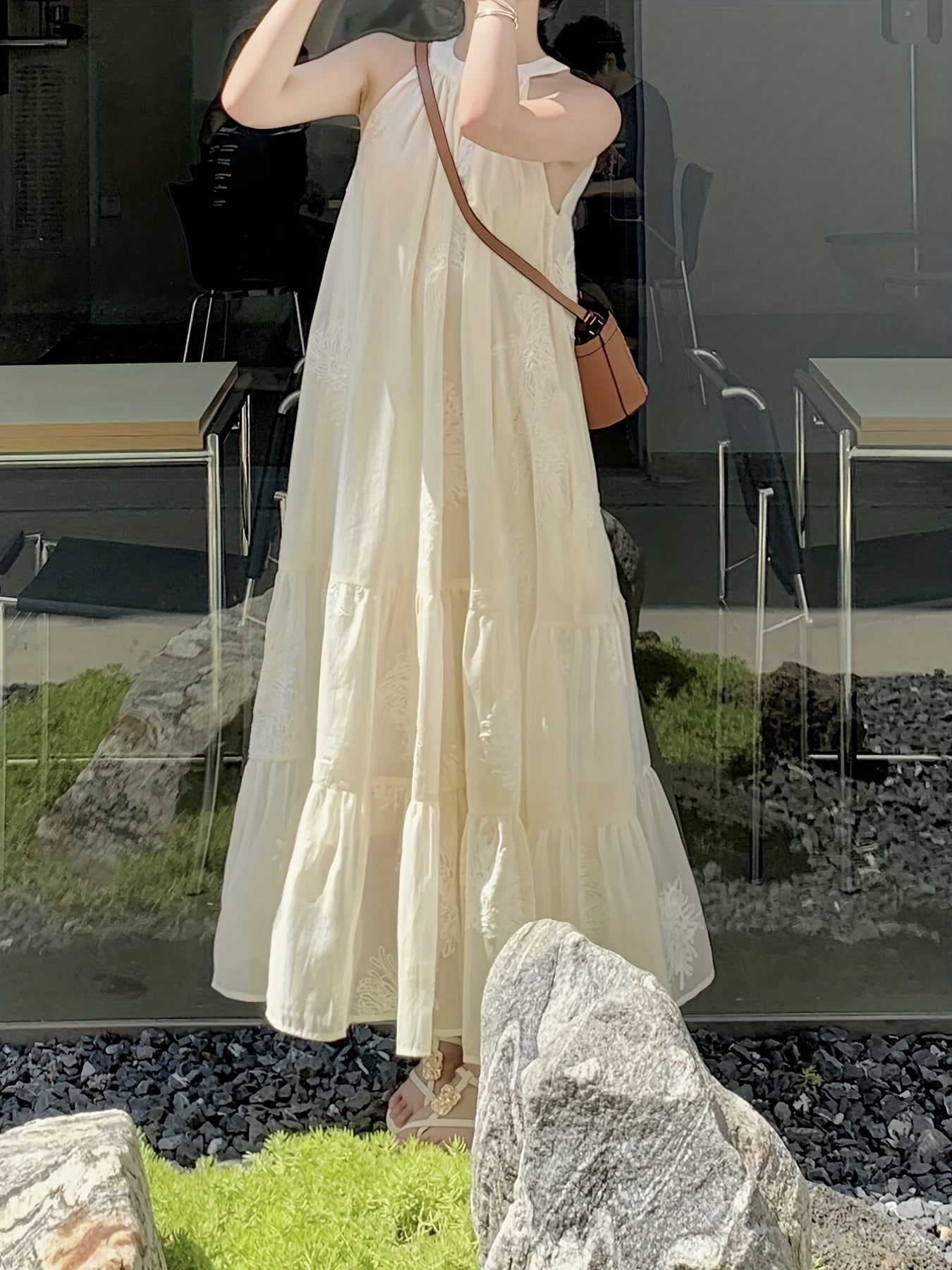 Sixsr Bow Tie Back Ruched Dress, Elegant Sleeveless Tiered Maxi Dress, Women's Clothing