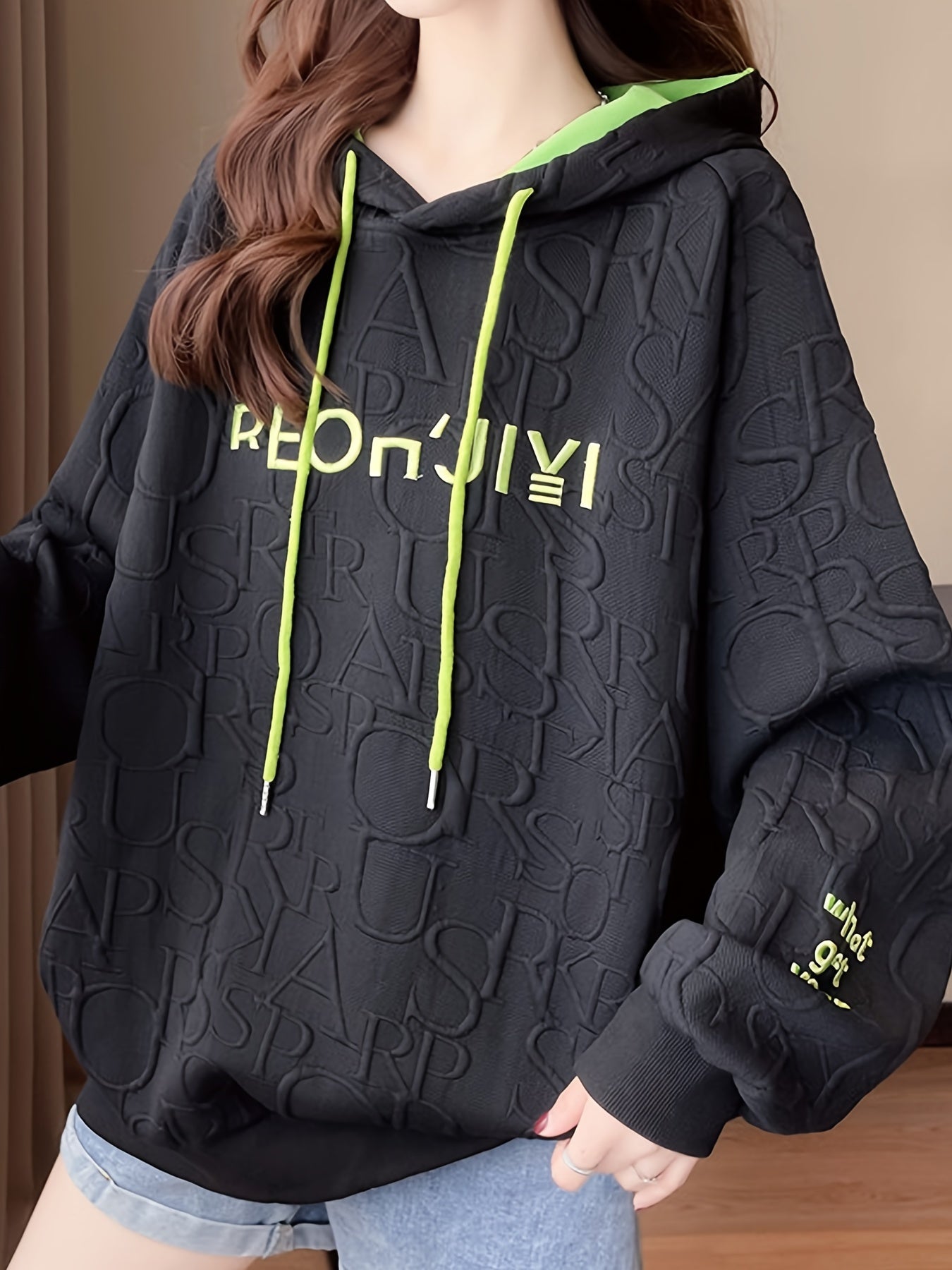 Sixsr Letter Print Embroidered Drawstring Thermal Hoodie, Casual Printed Long Sleeve Hoodies Sweatshirts, Women's Clothing