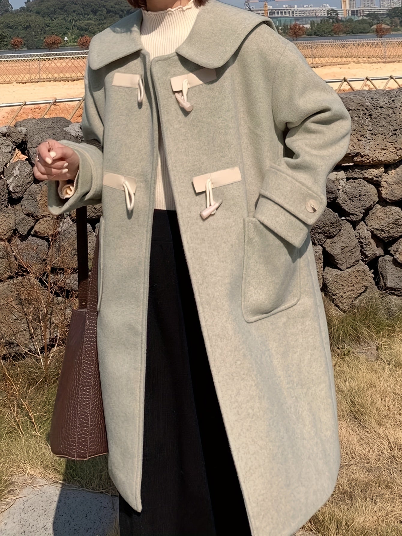 Sixsr Peter Pan Collar Patched Pockets Overcoat, Preppy Long Sleeve Button Front Overcoat, Women's Clothing