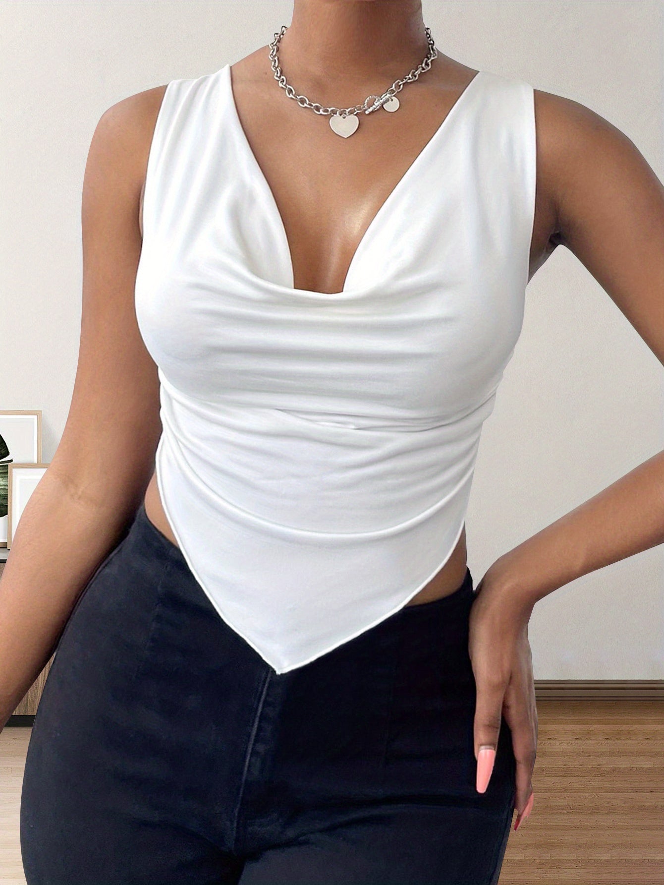 Sixsr Hanky Hem Cowl Neck Tank Top, Y2K Sleeveless Tank Top For Summer, Women's Clothing