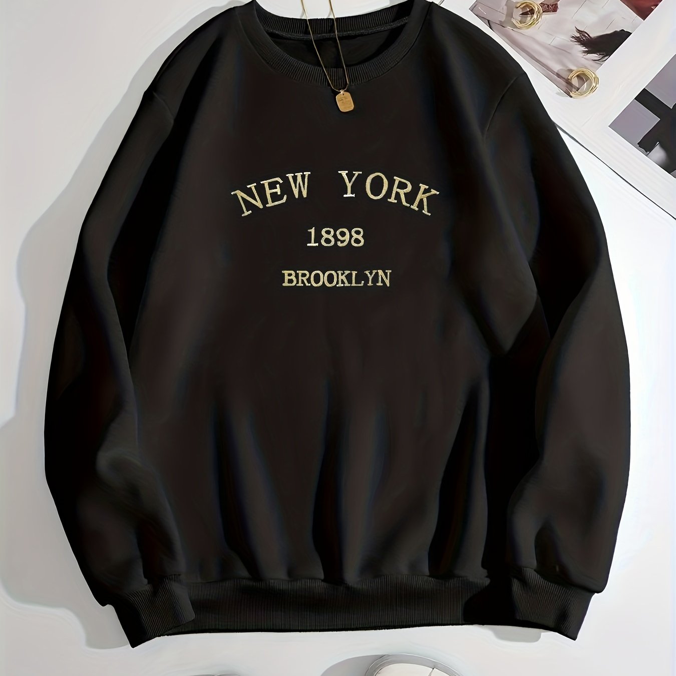 Sixsr New York Brooklyn Print Loose Sweatshirt, Casual Long Sleeve Crew Neck Sweatshirt, Women's Clothing