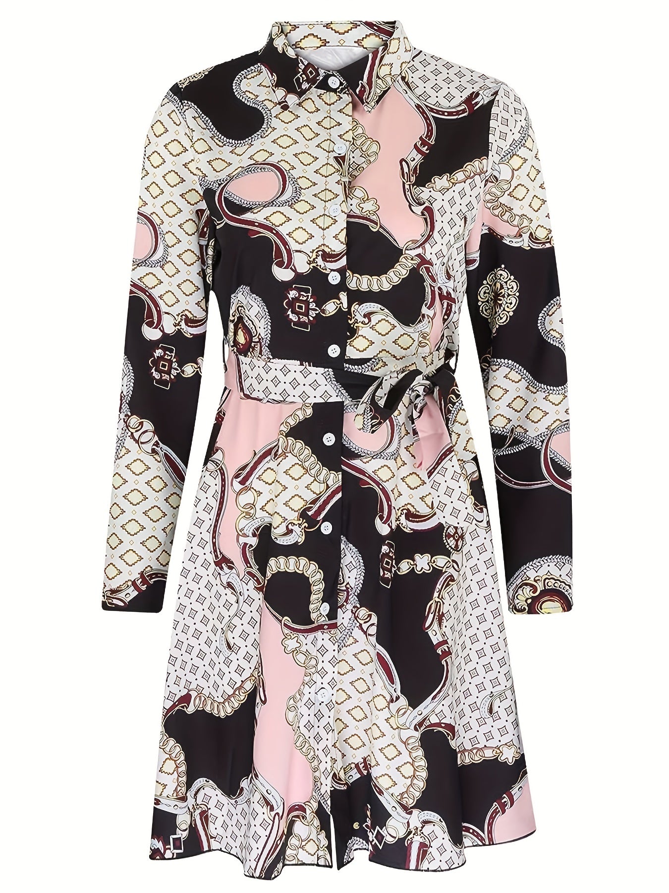 Women's Plus Size Geo Print Long Sleeve Shirt Dress with Belt - Elegant and Stylish