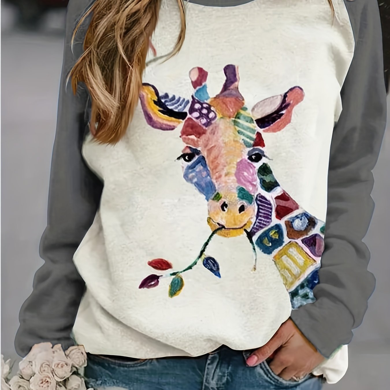 Sixsr Plus Size Casual Sweatshirt, Women's Plus Colorblock Giraffe Print Long Sleeve Round Neck Pullover Sweatshirt