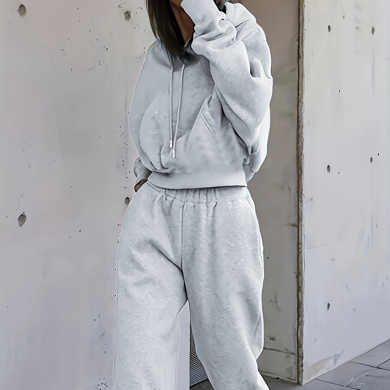 Sixsr 2pcs Athleisure Set, Oversized Solid Hooded Pocket Drawstring Sweatshirts & Sweatpants Sets, Women's Clothing