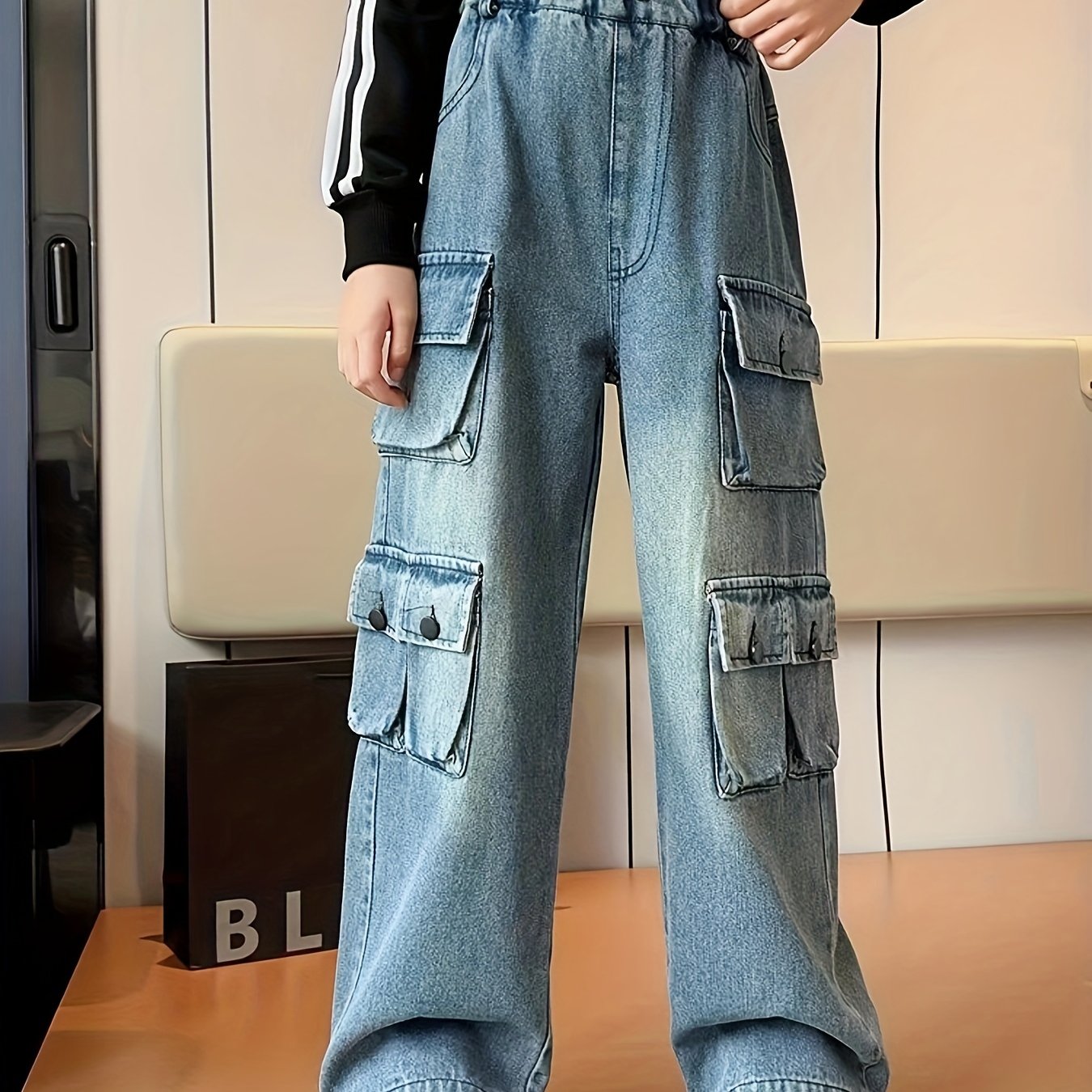 Sixsr Girls' Autumn/winter Trousers, Trendy Loose Straight Multi-pocket Cargo Denim Pants, Kids' Jeans For Outdoor, Kids Clothing