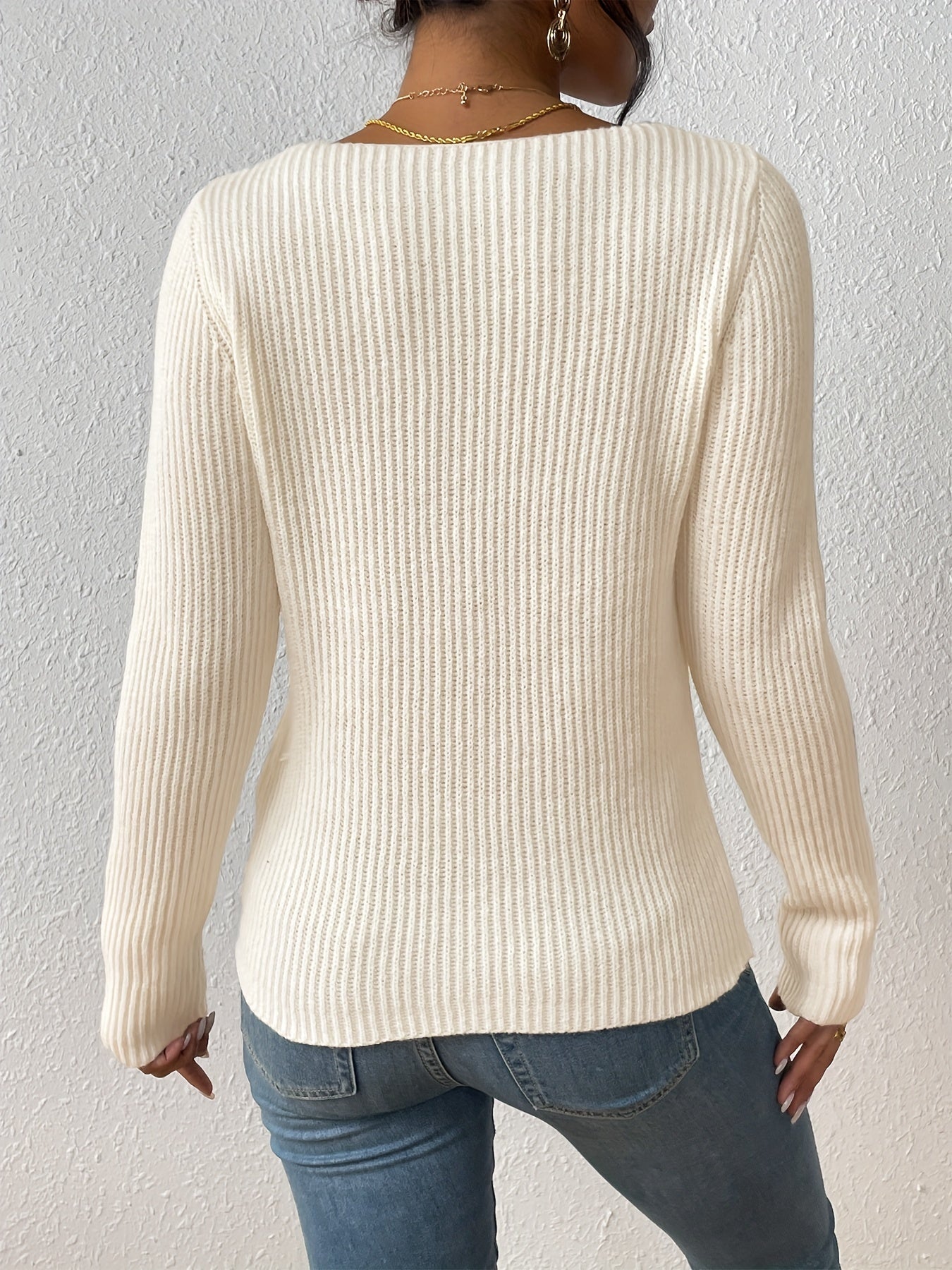Sixsr Solid Rib Knit Sweater, Casual Long Sleeve V Neck Slim Sweater, Women's Clothing