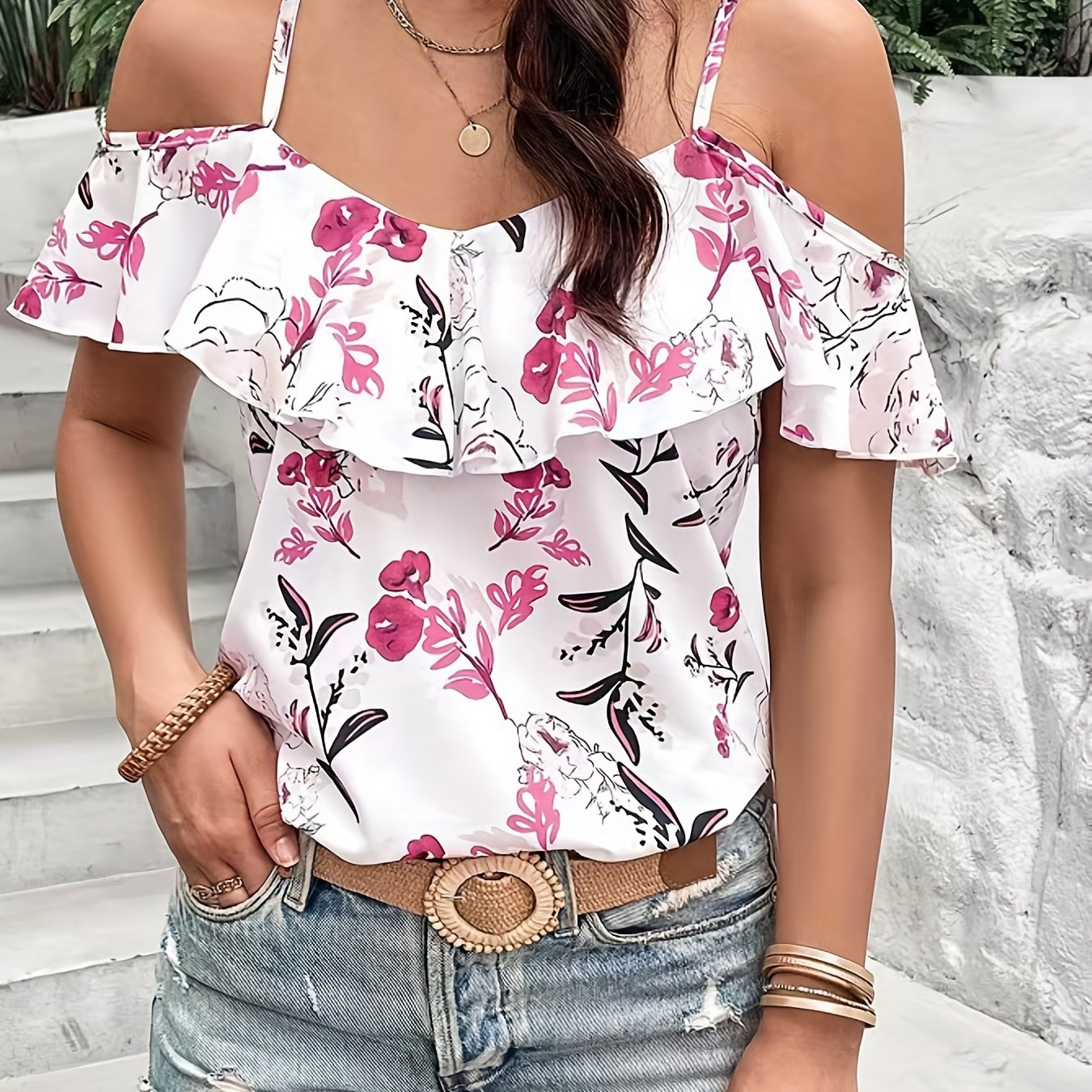 Sixsr Boho Floral Print Spaghetti Blouse , Vacation Cold Shoulder Ruffle Trim Summer Tops , Women's Clothing