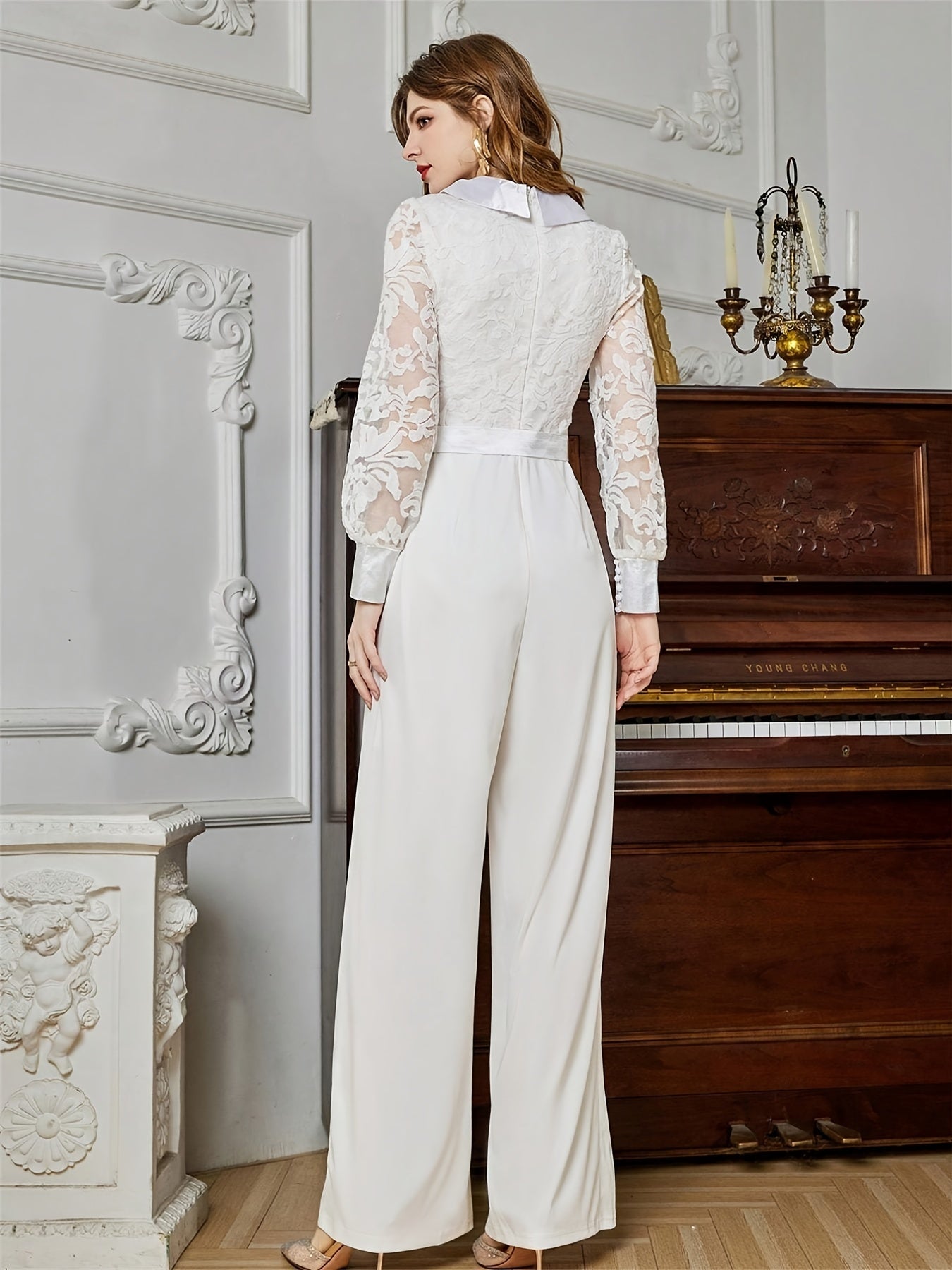 Solid V Neck Lapel Lace Long Sleeve Tie Waist Long Length Jumpsuit, Wide Leg Mature Loose Outdoor Jumpsuit, Women's Clothing