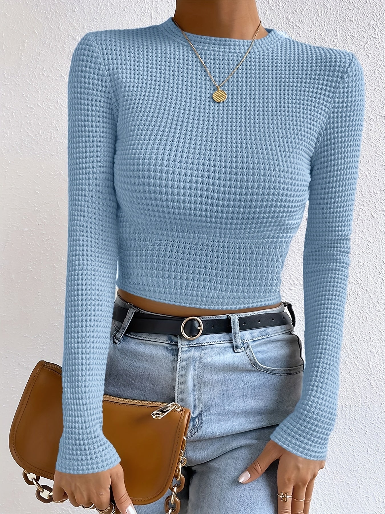 Sixsr Waffle Slim Crew Neck T-Shirt, Casual Long Sleeve Top For Spring & Fall, Women's Clothing