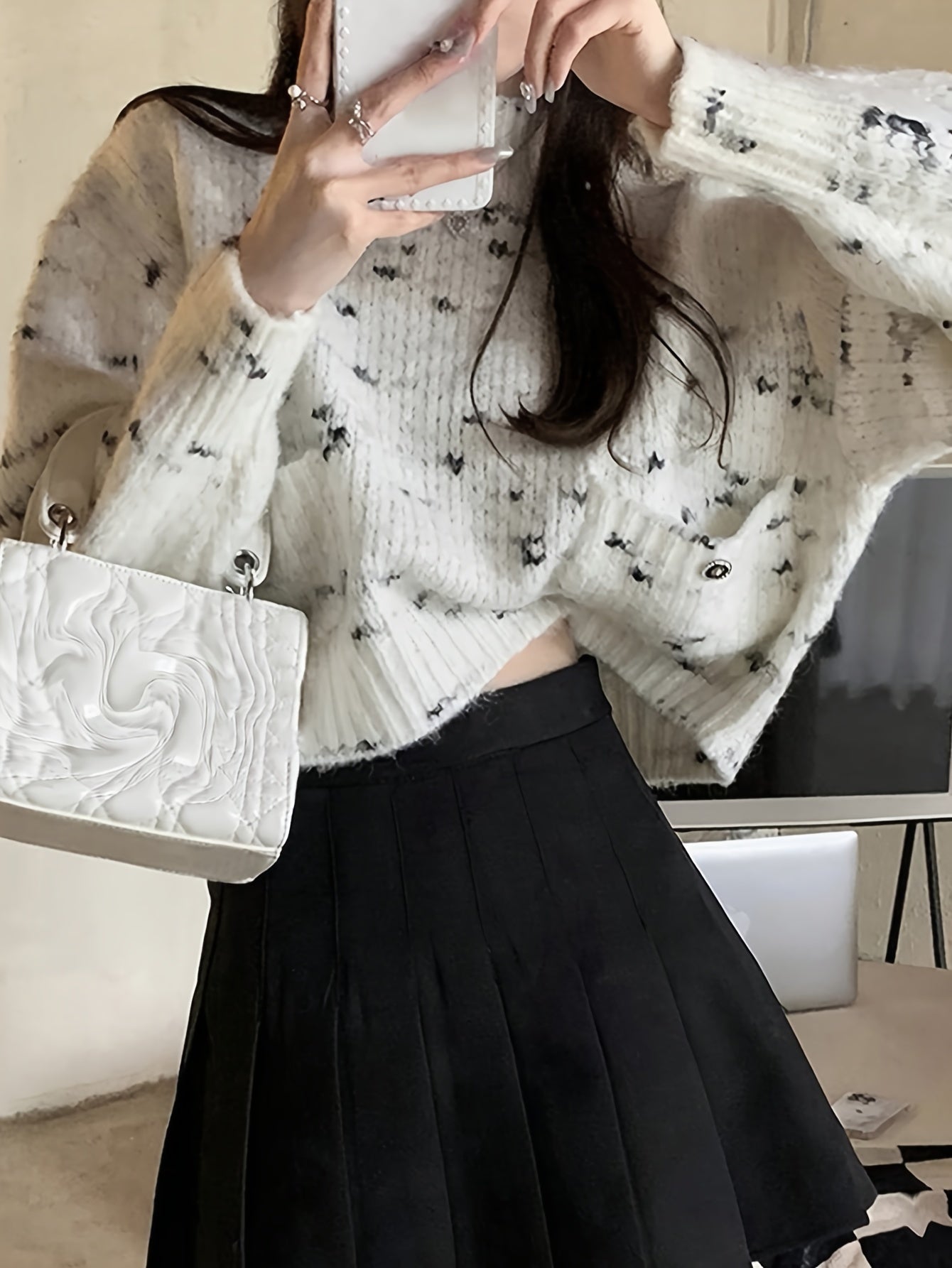 Sixsr Allover Print Mock Neck Sweater, Casual Long Sleeve Sweater For Fall & Winter, Women's Clothing