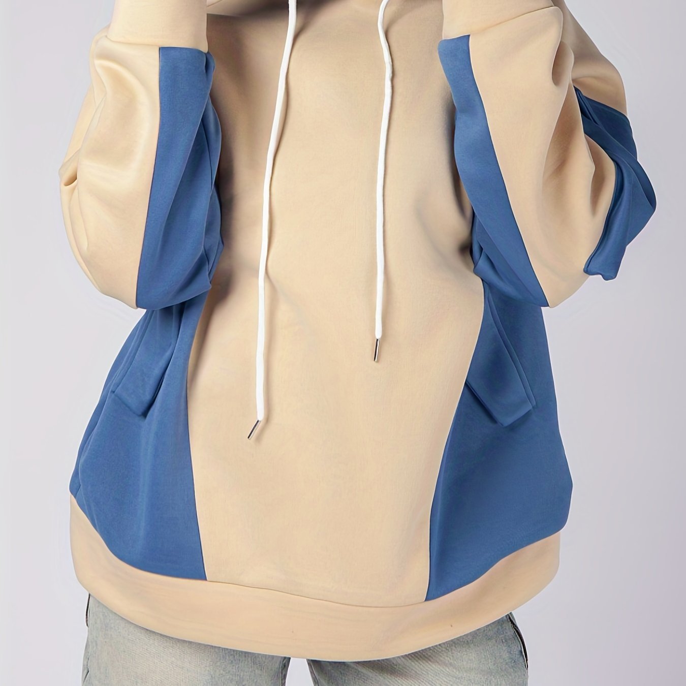 Sixsr Plus Size Casual Sweatshirt, Women's Plus Colorblock Long Sleeve Drawstring Hooded Pullover Sweatshirt With Flap Pockets, Casual Tops For Fall & Winter, Plus Size Women's Clothing