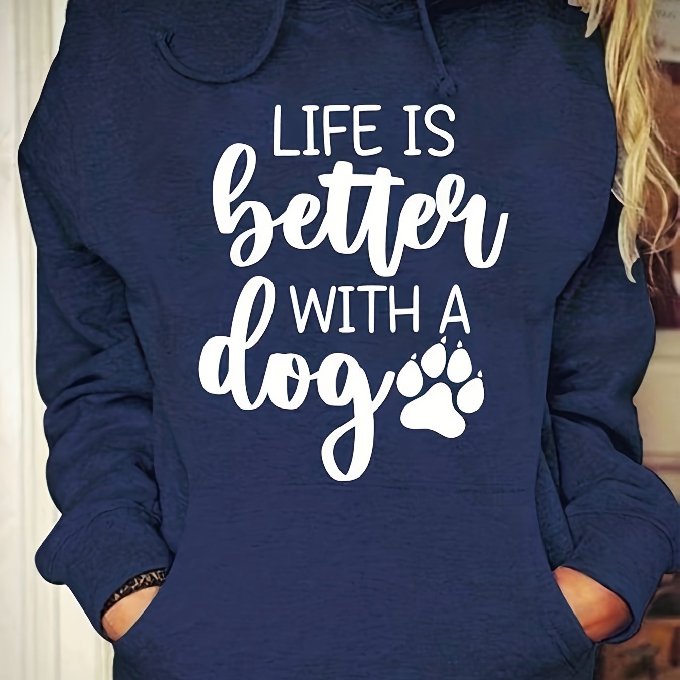 Sixsr Plus Size Casual Sweatshirt, Women's Plus Slogan Print Long Sleeve Slight Stretch Drawstring Hoodie With Pocket