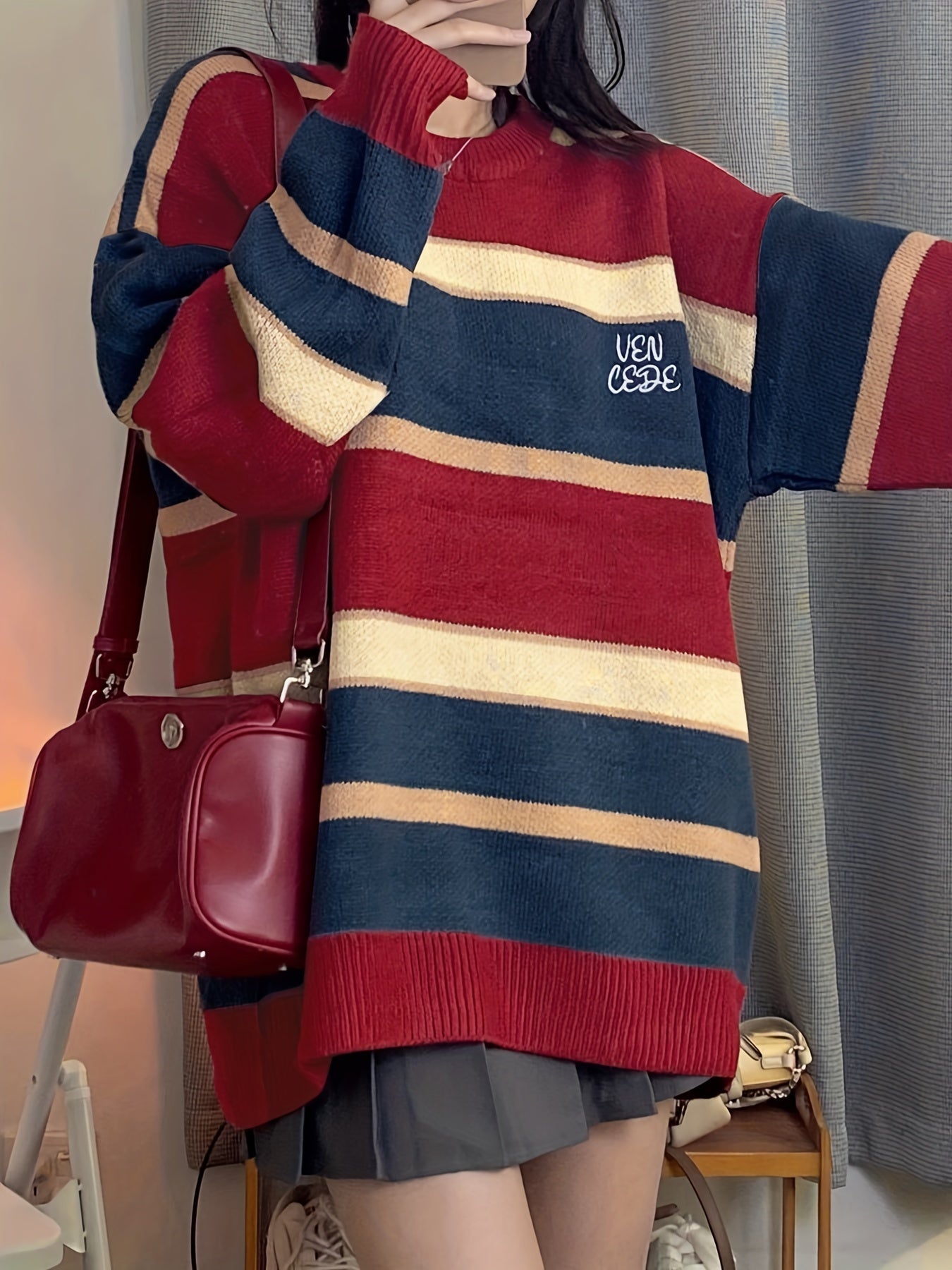 Sixsr Letter Embroidery Color Block Sweater, Casual Long Sleeve Sweater For Fall & Winter, Women's Clothing
