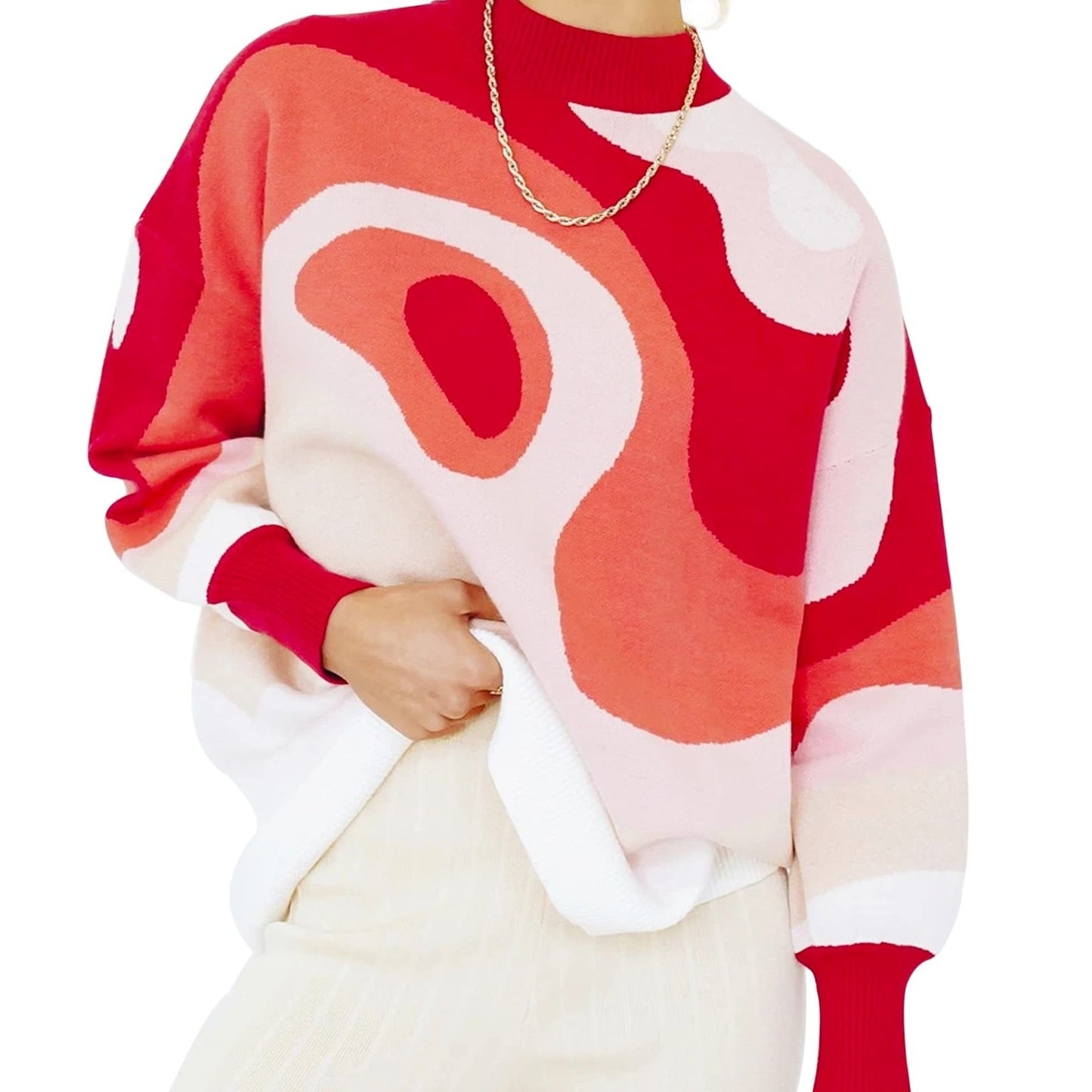 Sixsr Plus Size Casual Sweater, Women's Plus Abstract Print Long Sleeve Mock Neck Medium Stretch Pullover Jumper