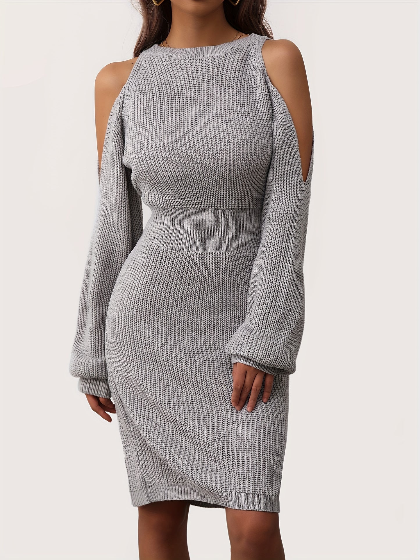 Sixsr Cold Shoulder Lantern Sleeve Dress, Elegant Solid Bodycon Dress, Women's Clothing
